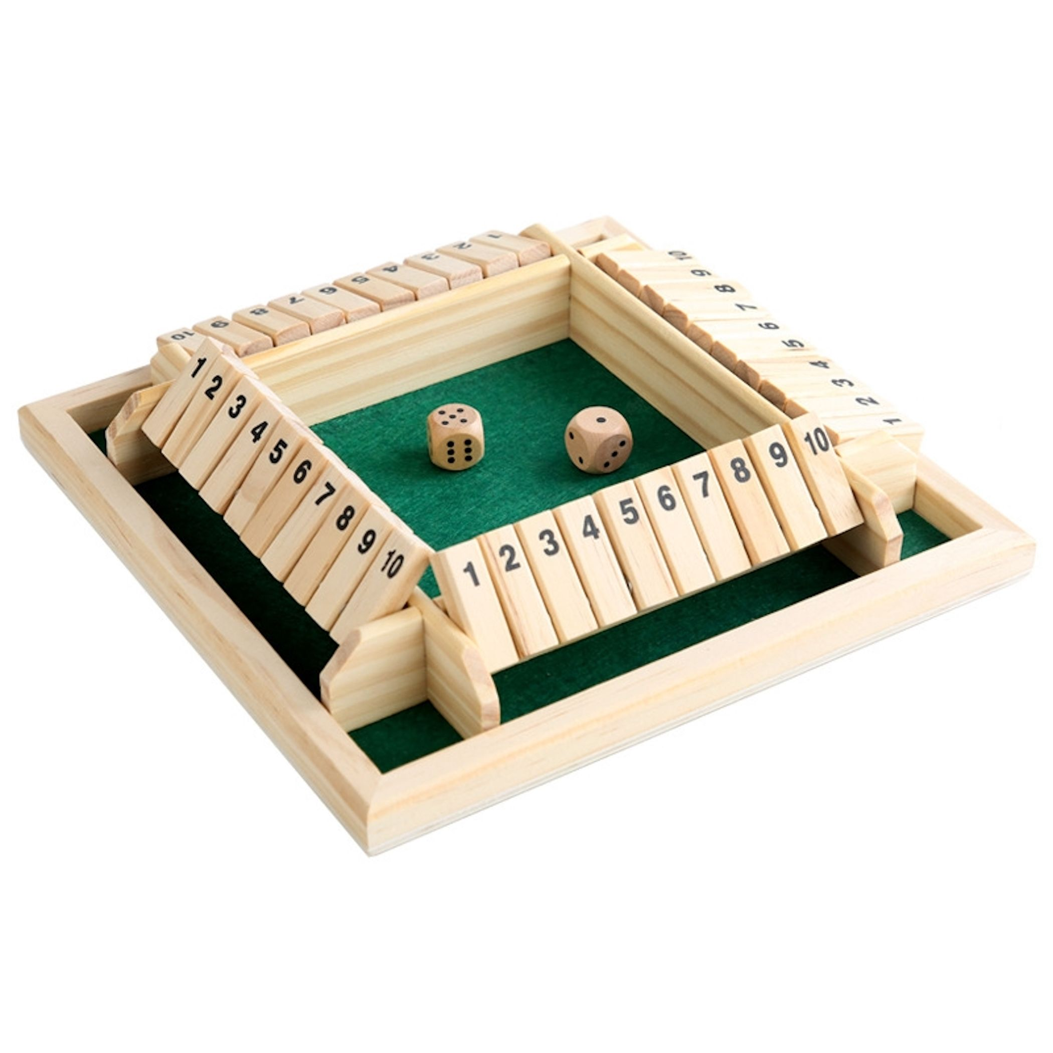 Holzbrettspiel mit zwei Würfeln auf grünem Filz. Nummerierte Plättchen 1-10.