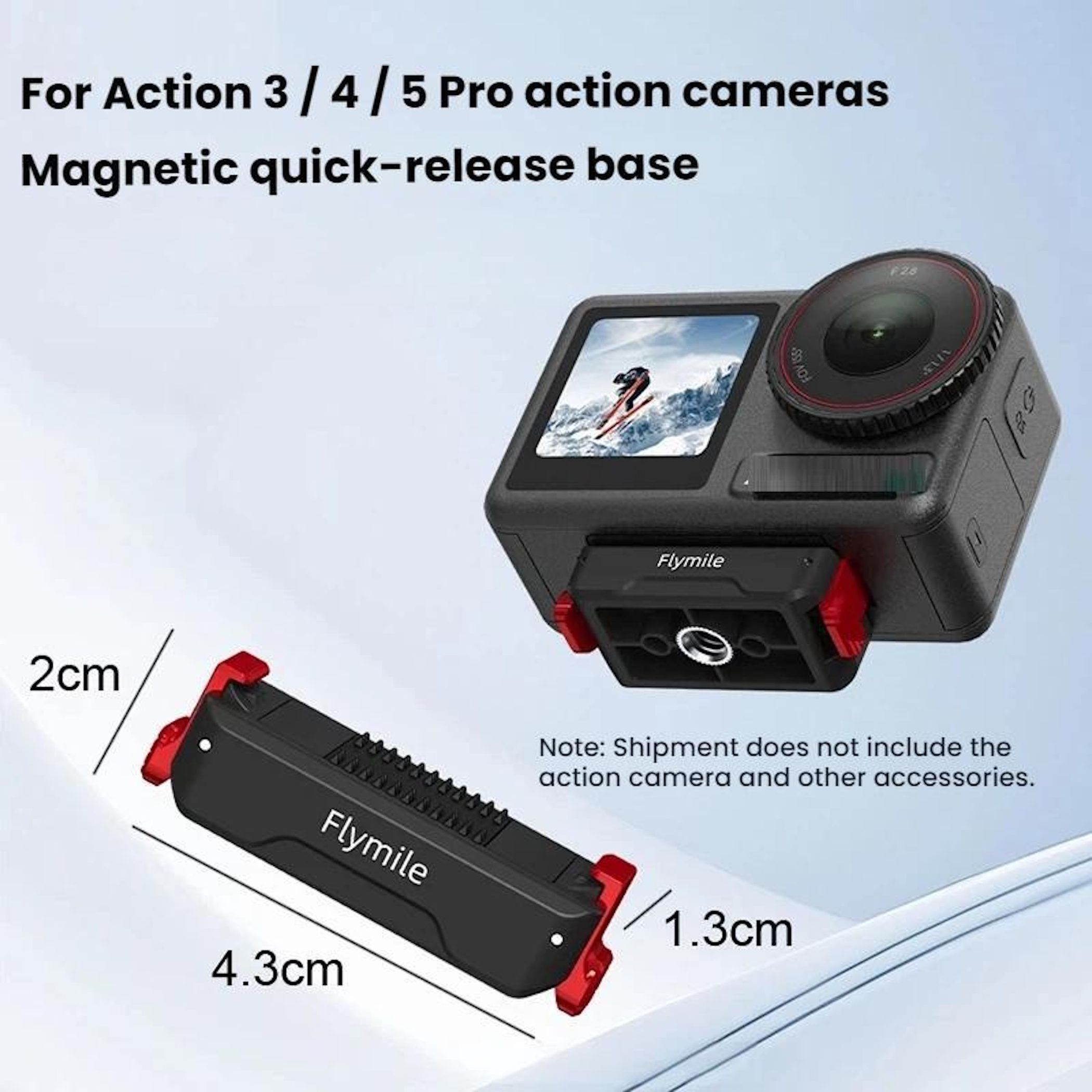 Una base magnetica a sgancio rapido per action cam, dimensioni 4,3x2x1,3cm.