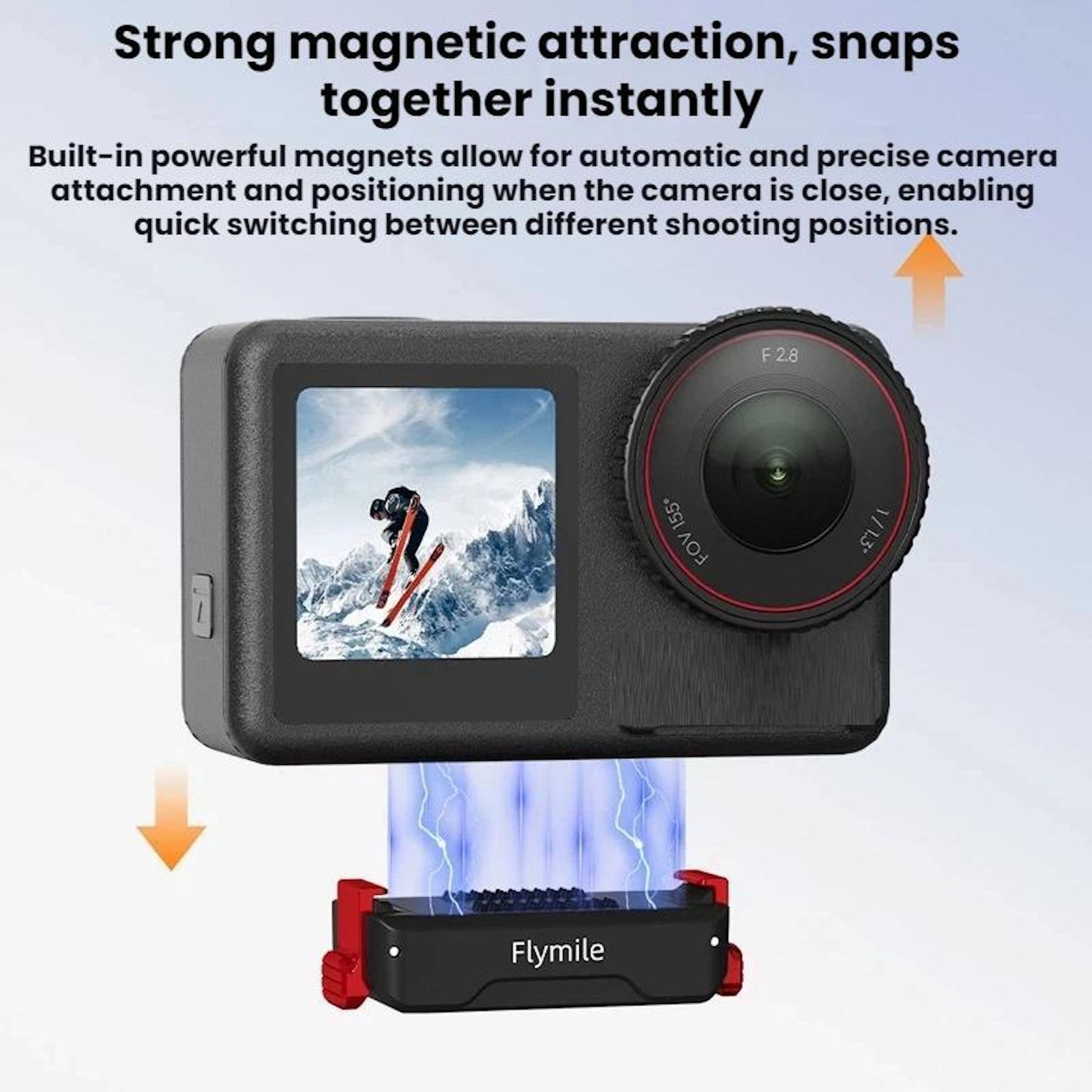 Telecamera con obiettivo e schermo mostra sciatore. Supporto magnetico sotto con effetto blu.