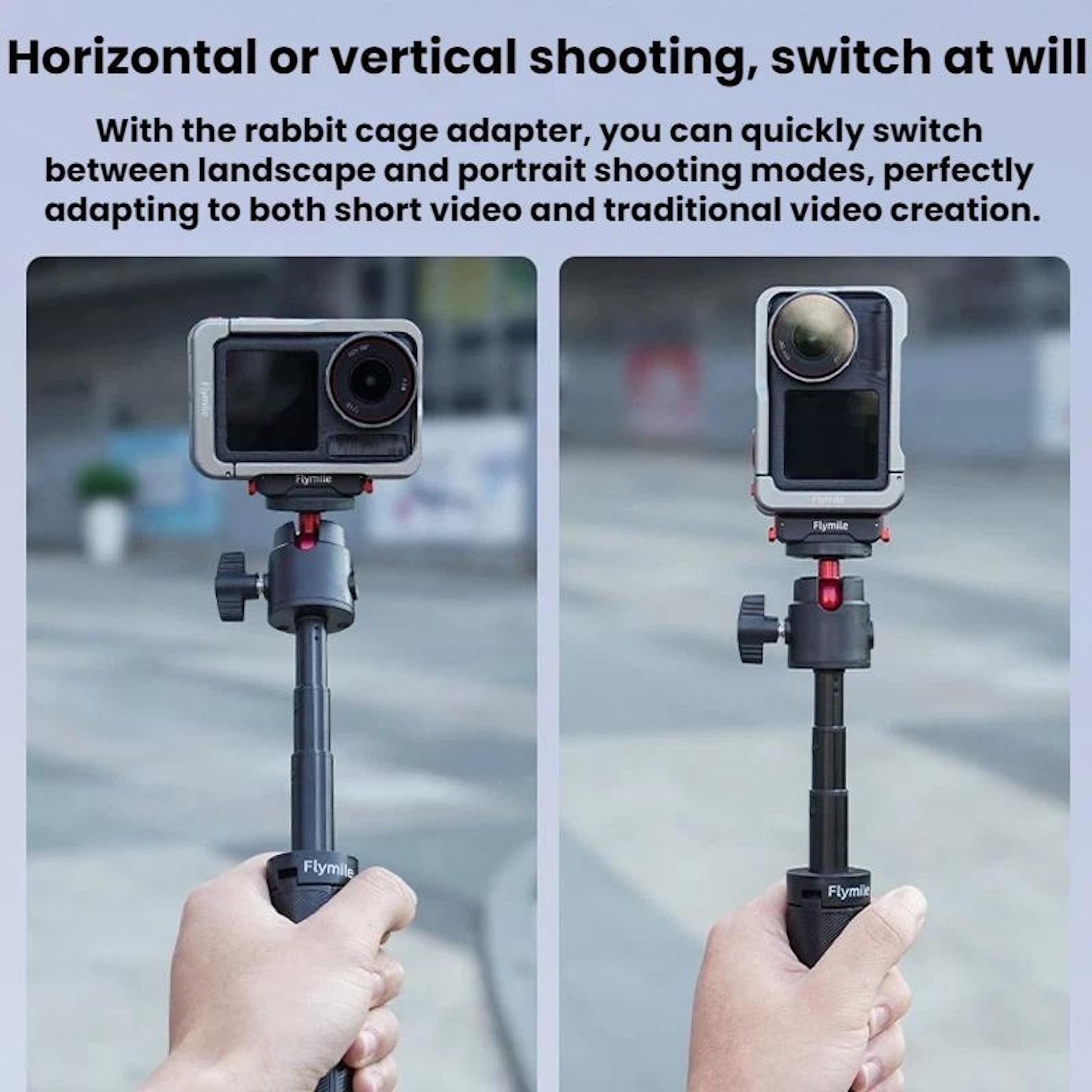 Due scatti mostrano una fotocamera montata su un gimbal, una volta orizzontale e una volta verticale.