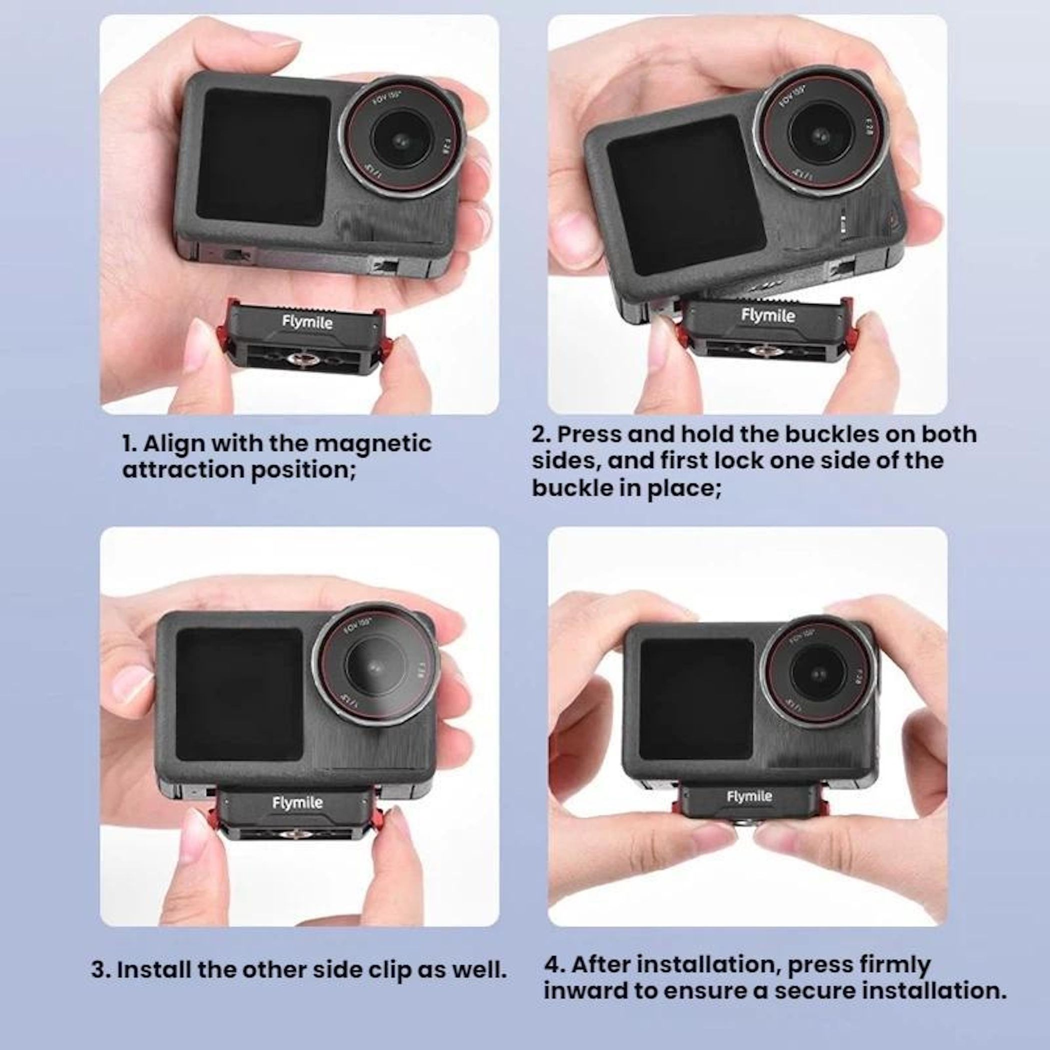 Istruzioni per agganciare una fotocamera con clip magnetica.