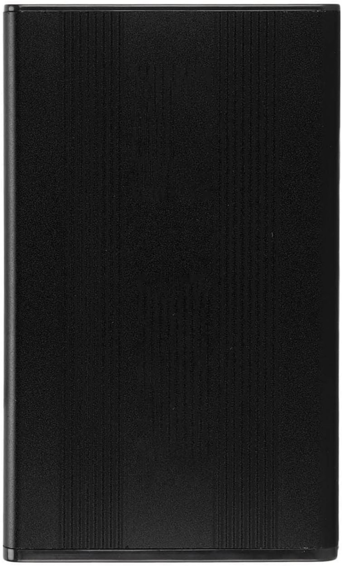 Eine schwarze, gebürstete Metalloberfläche mit vertikalen Linien.