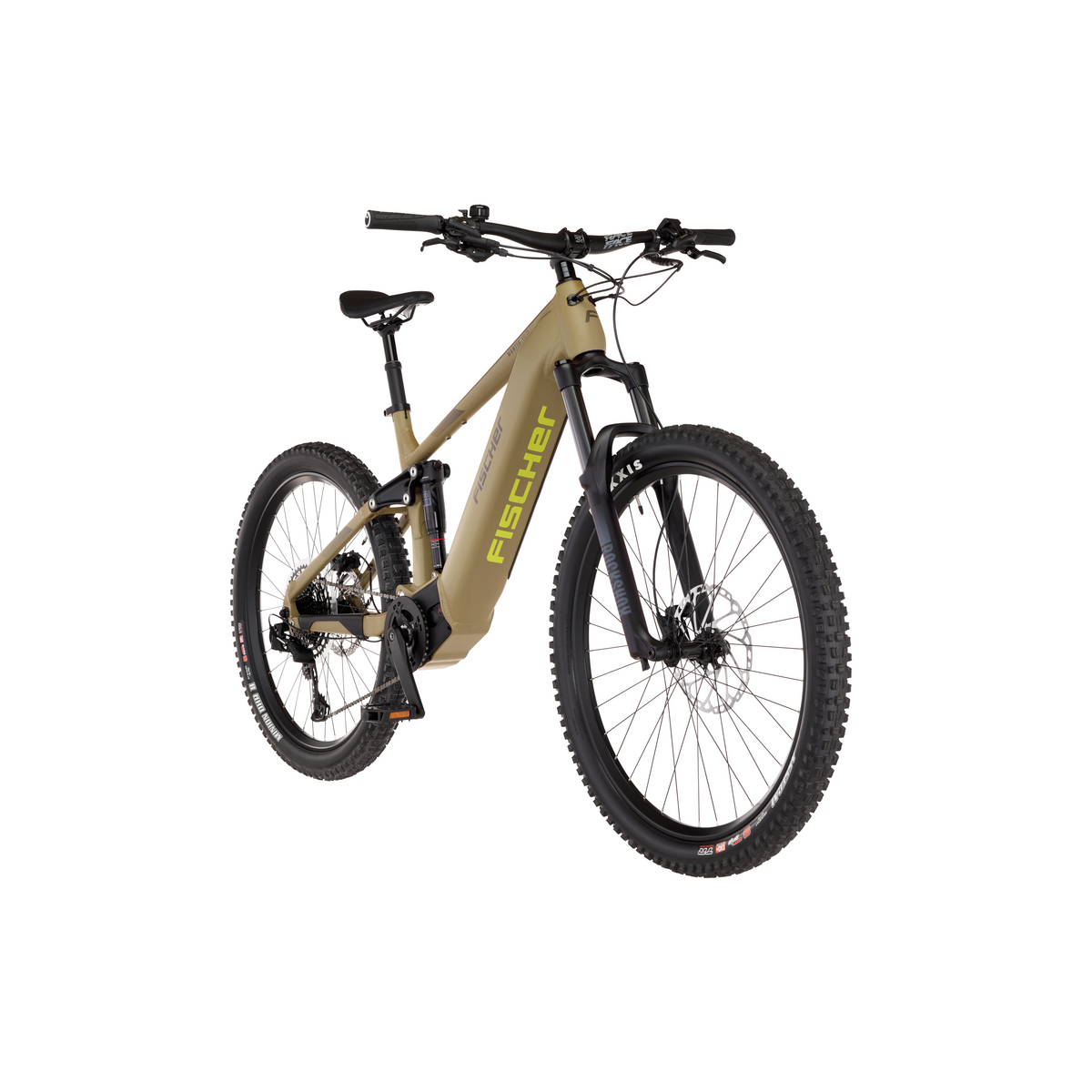 Ein sandfarbenes E-Mountainbike mit schwarzen Reifen und Federung, auf weißem Grund.
