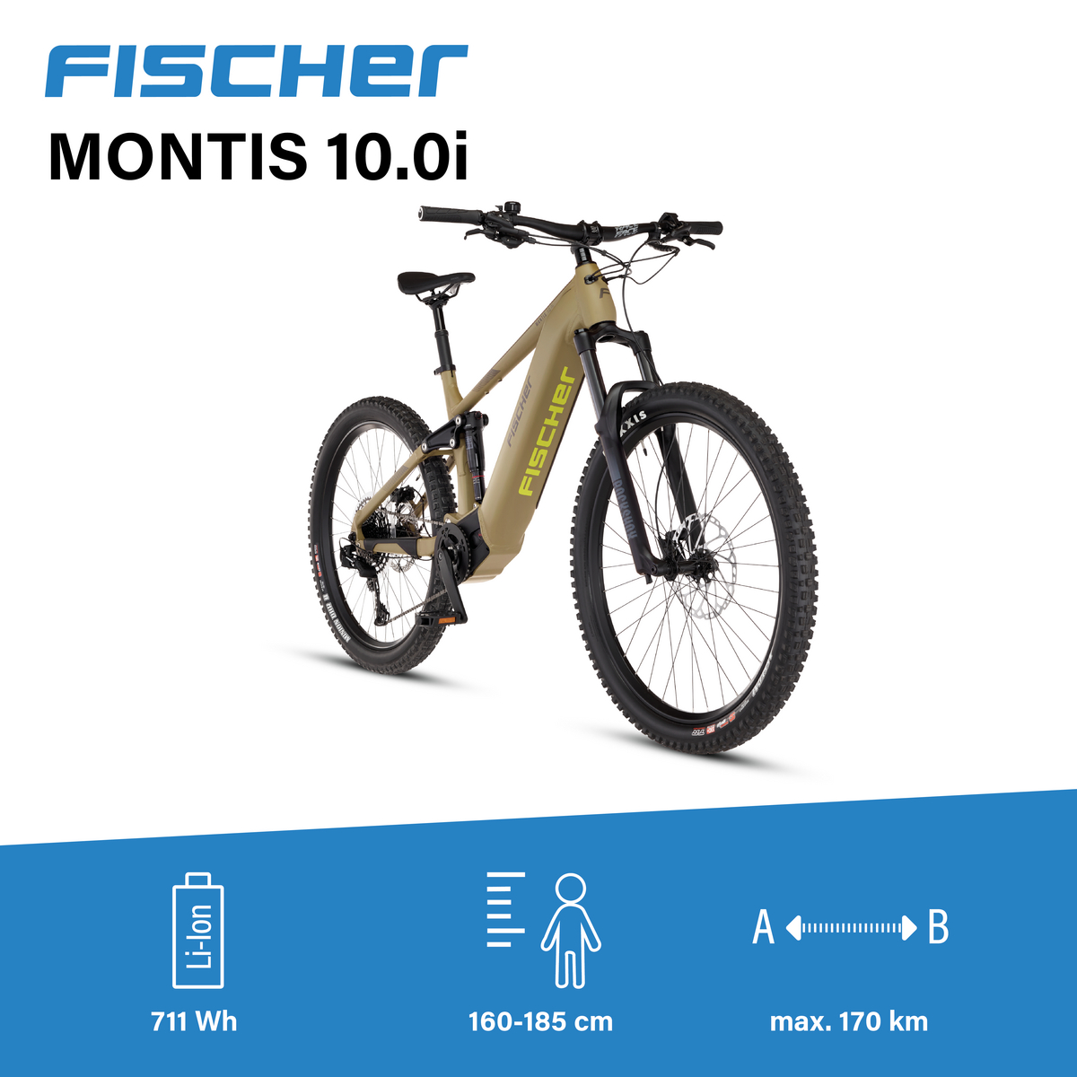 Fischer Montis 10.0i E-Bike, tan, mit 711 Wh Akku, für 160-185 cm Fahrer, max. 170 km.