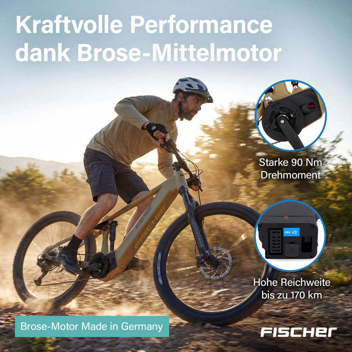 Mann fährt E-Bike mit Brose-Motor, 90 Nm Drehmoment, 170 km Reichweite.