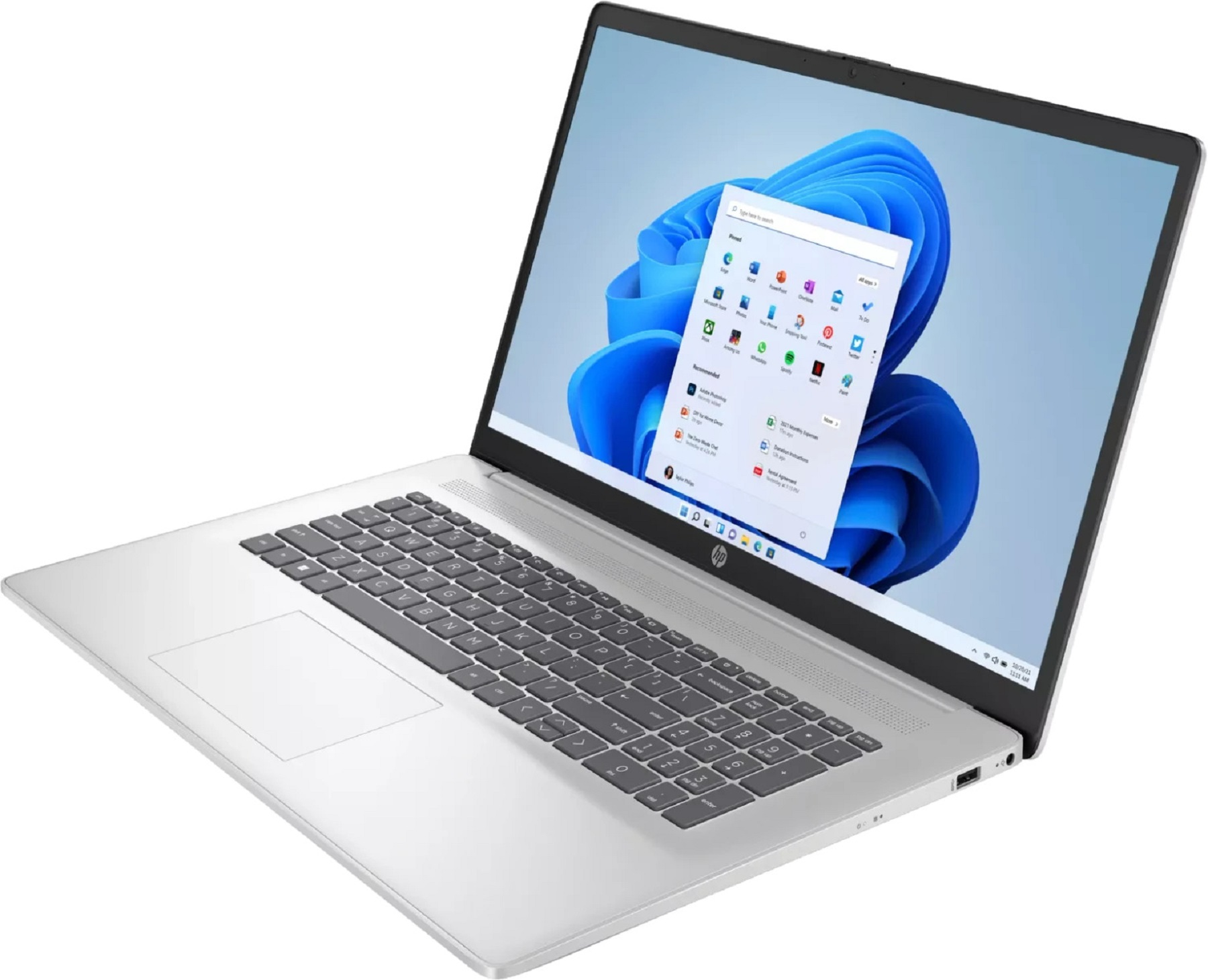 Ein silberner Laptop mit Windows 11-Startmenü auf dem Bildschirm.