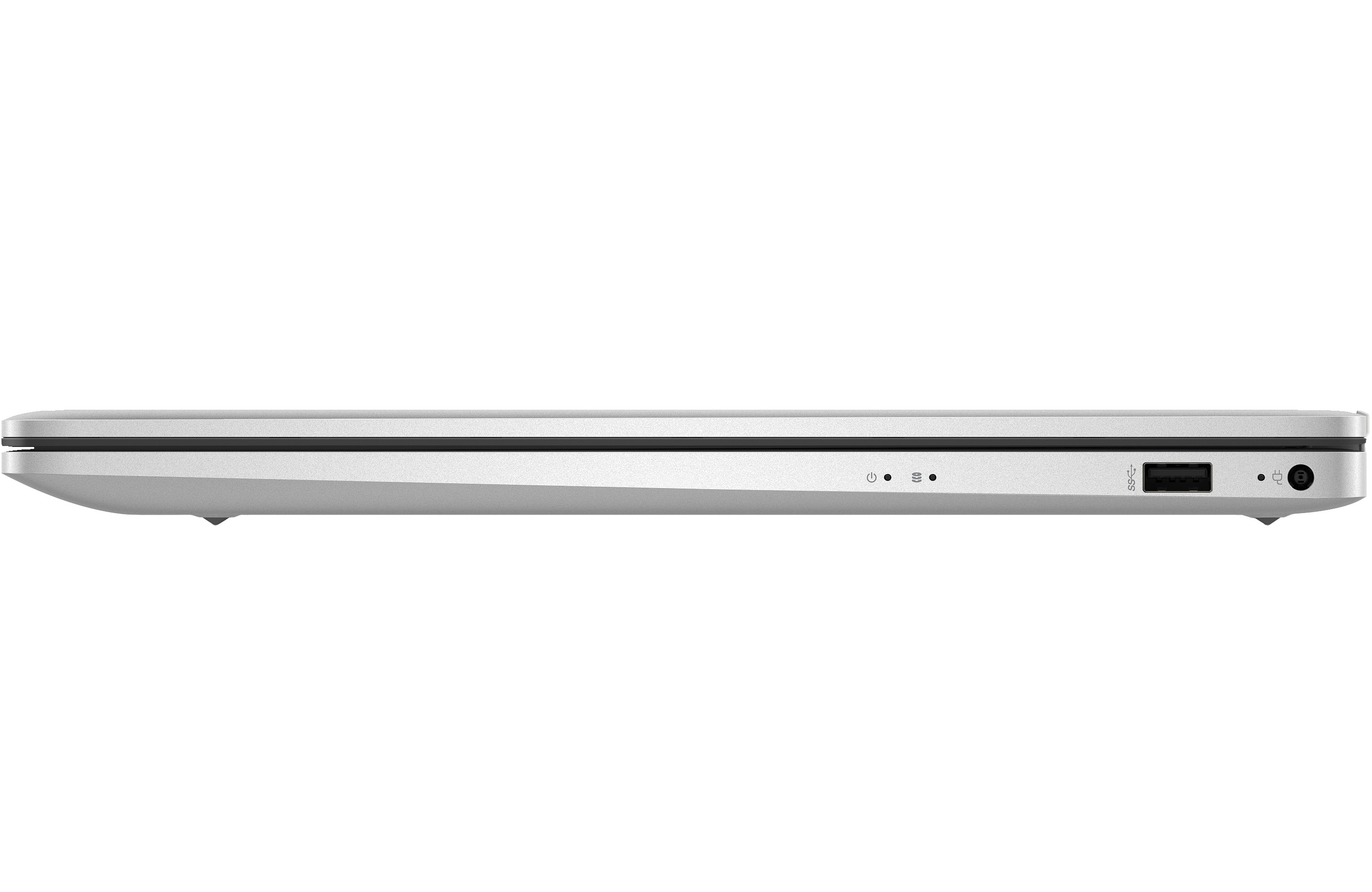 Silbernes Laptop mit USB-, Netzteil- und Kopfhöreranschluss.