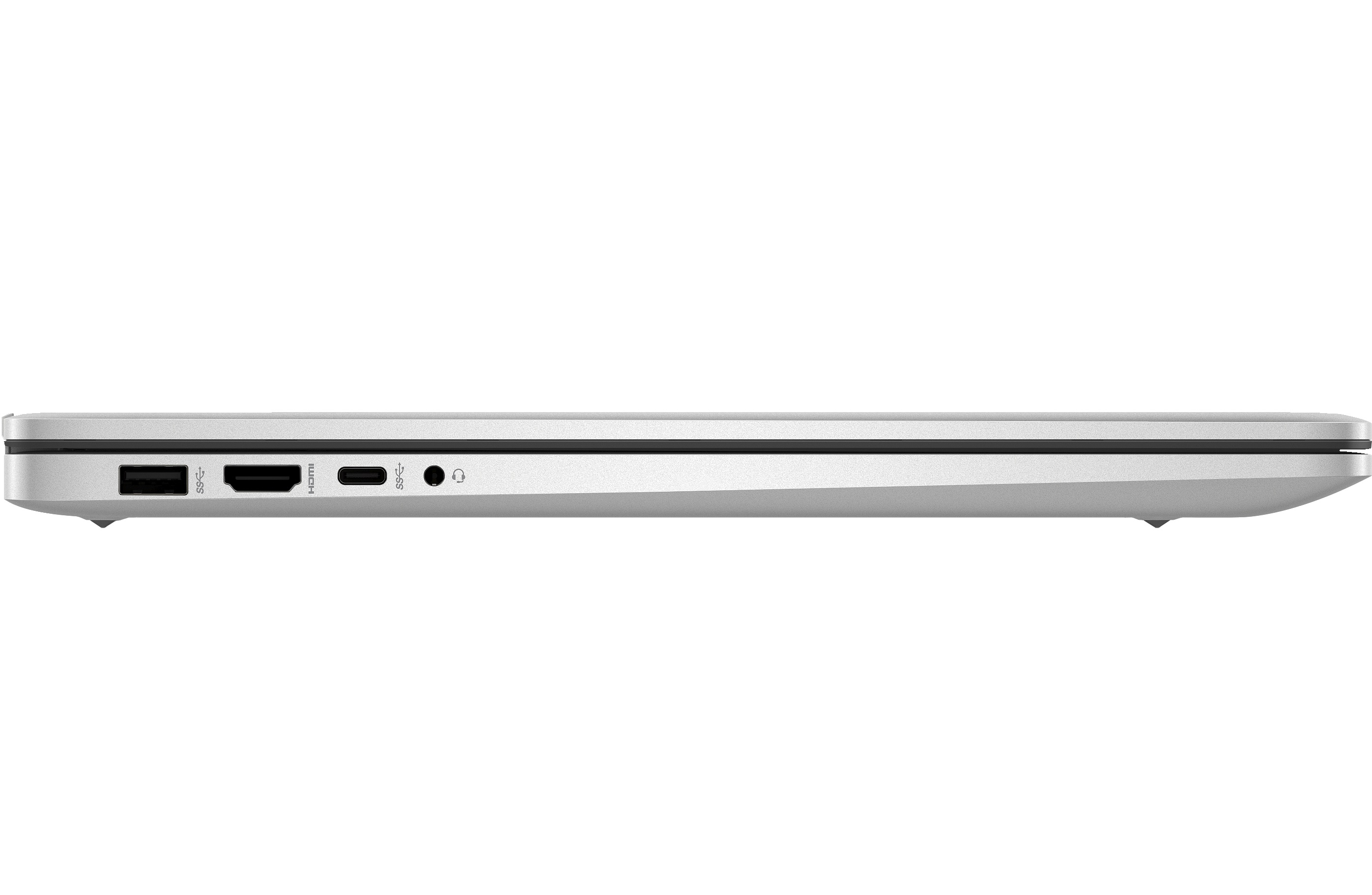 Silberner Laptop-Rand mit USB-A, HDMI, USB-C und Kopfhöreranschluss.