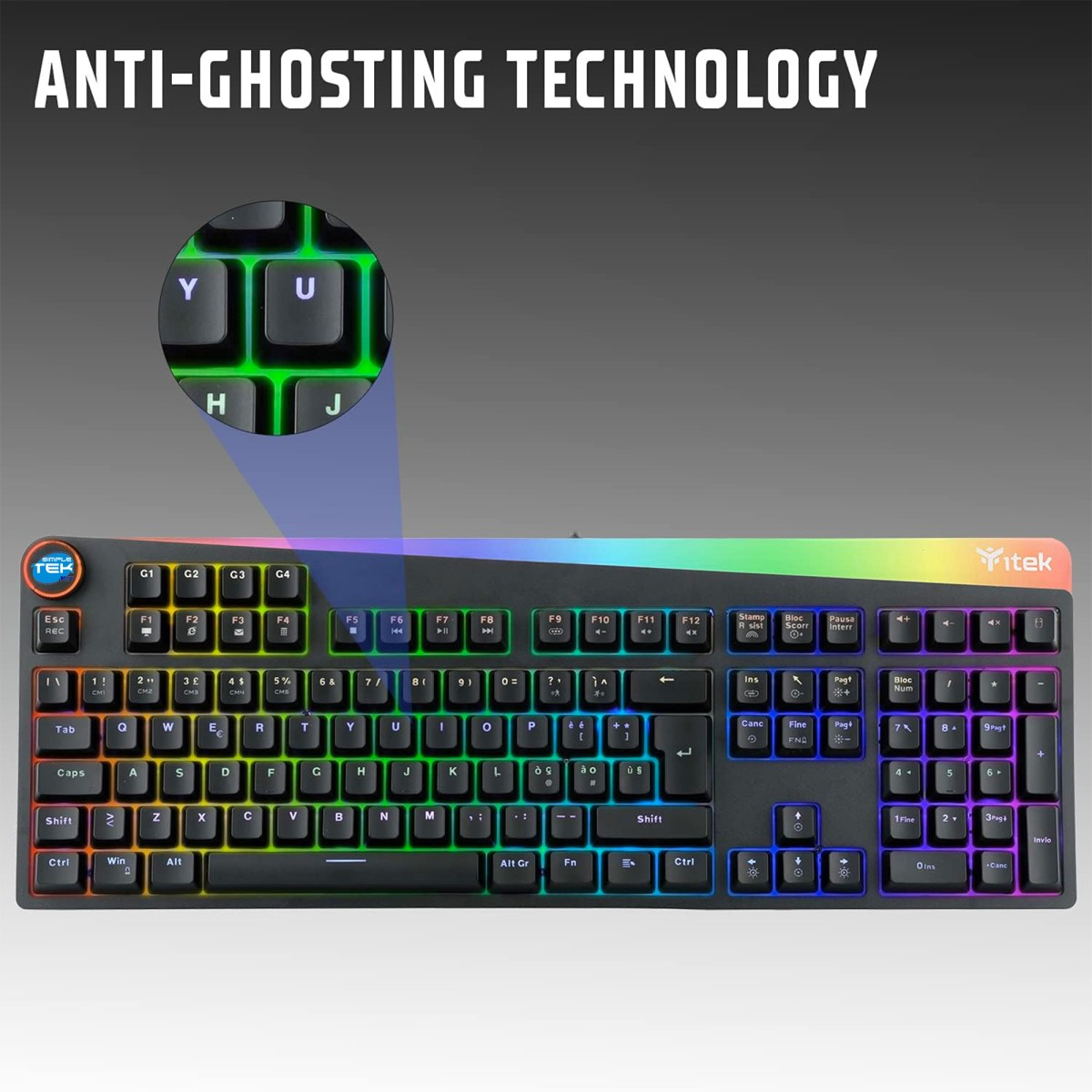 Un primo piano di una tastiera retroilluminata con i tasti Y, U, H, J evidenziati.