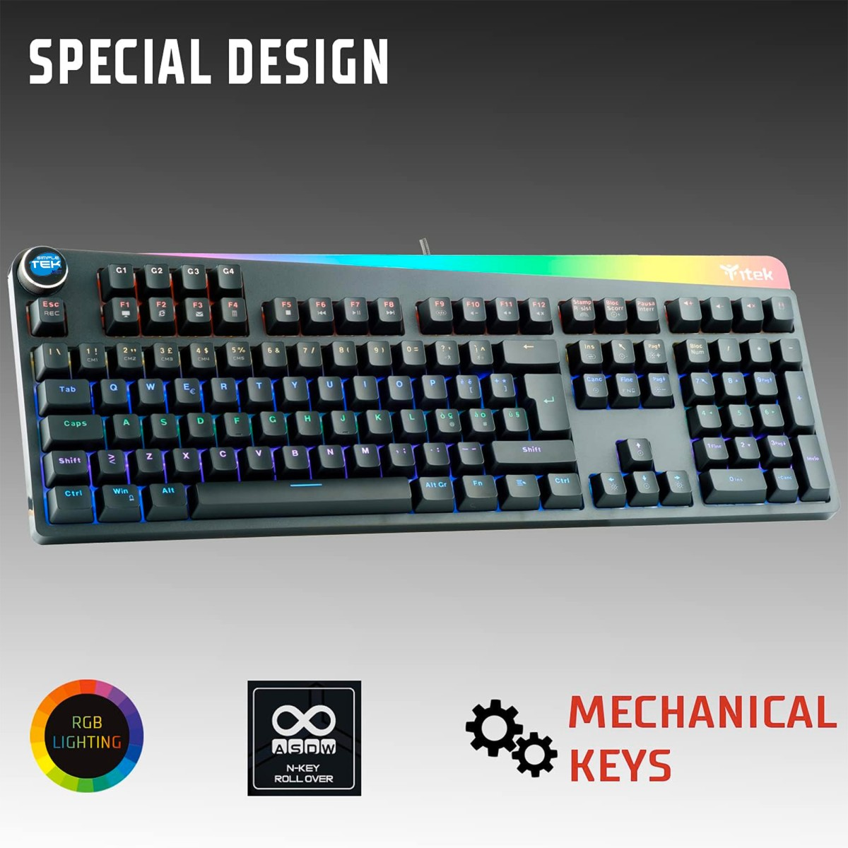 Una tastiera meccanica nera con illuminazione RGB e testo "SPECIAL DESIGN".