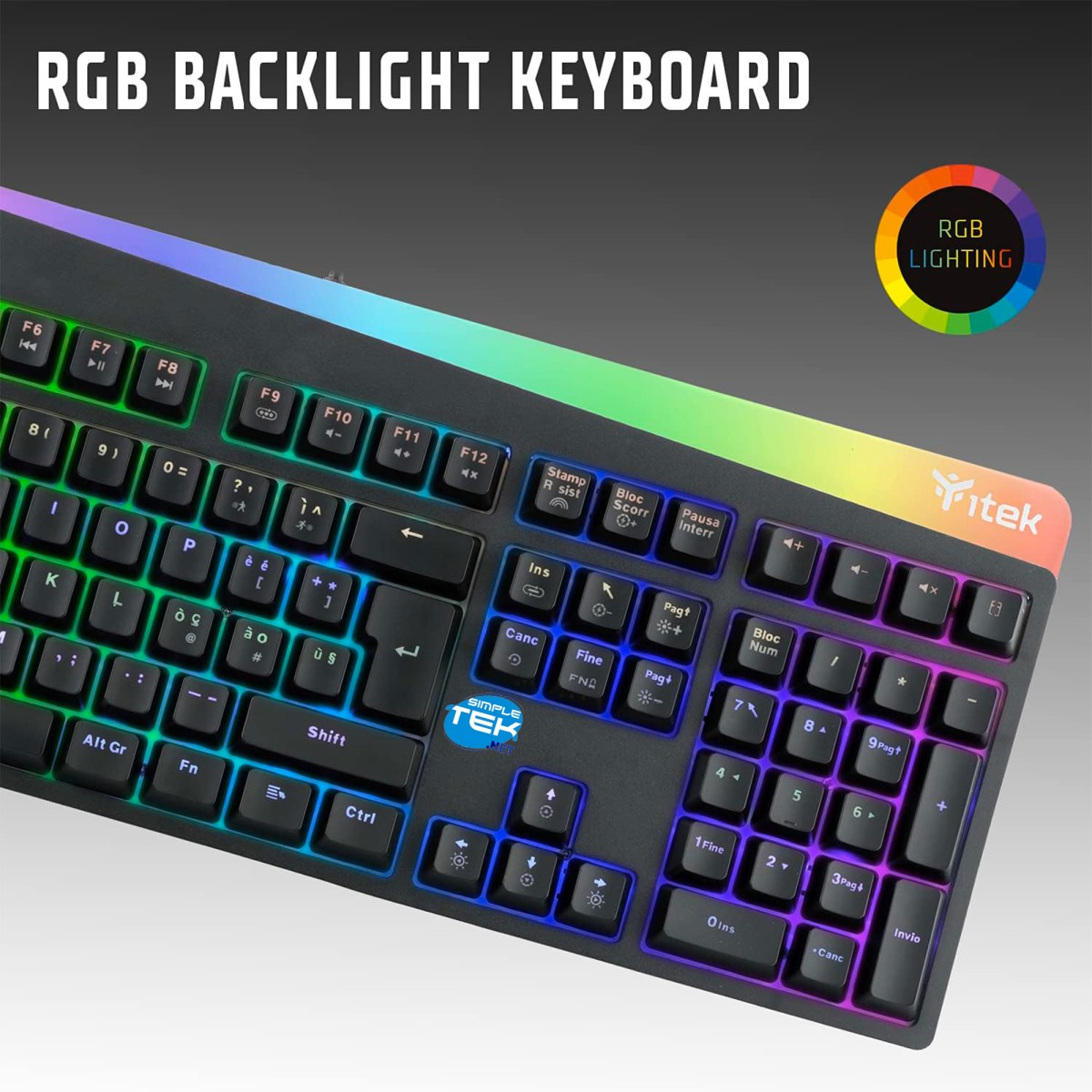 Una tastiera nera con retroilluminazione RGB e colori arcobaleno sul bordo superiore.