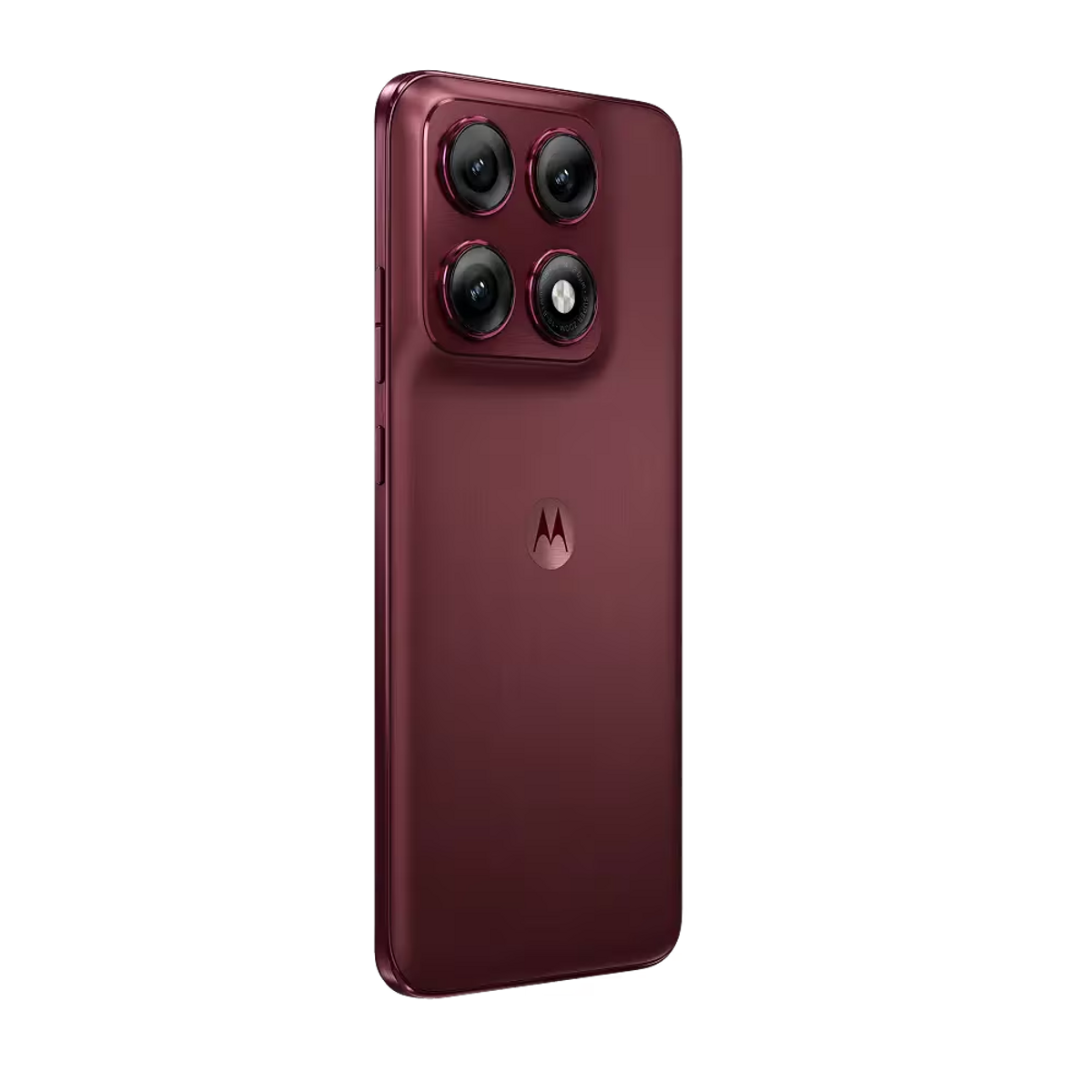 Retro di uno smartphone rosso scuro con quattro fotocamere e logo Motorola.