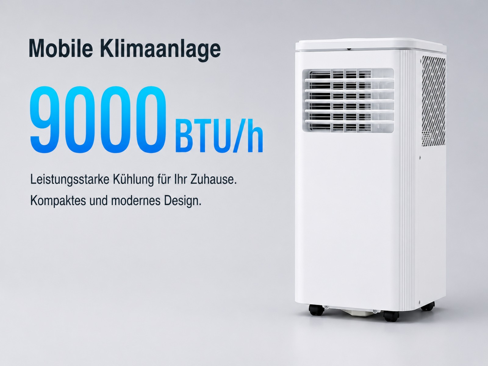 Mobile Klimaanlage mit 9000 BTU/h, leistungsstarke Kühlung, kompaktes Design.