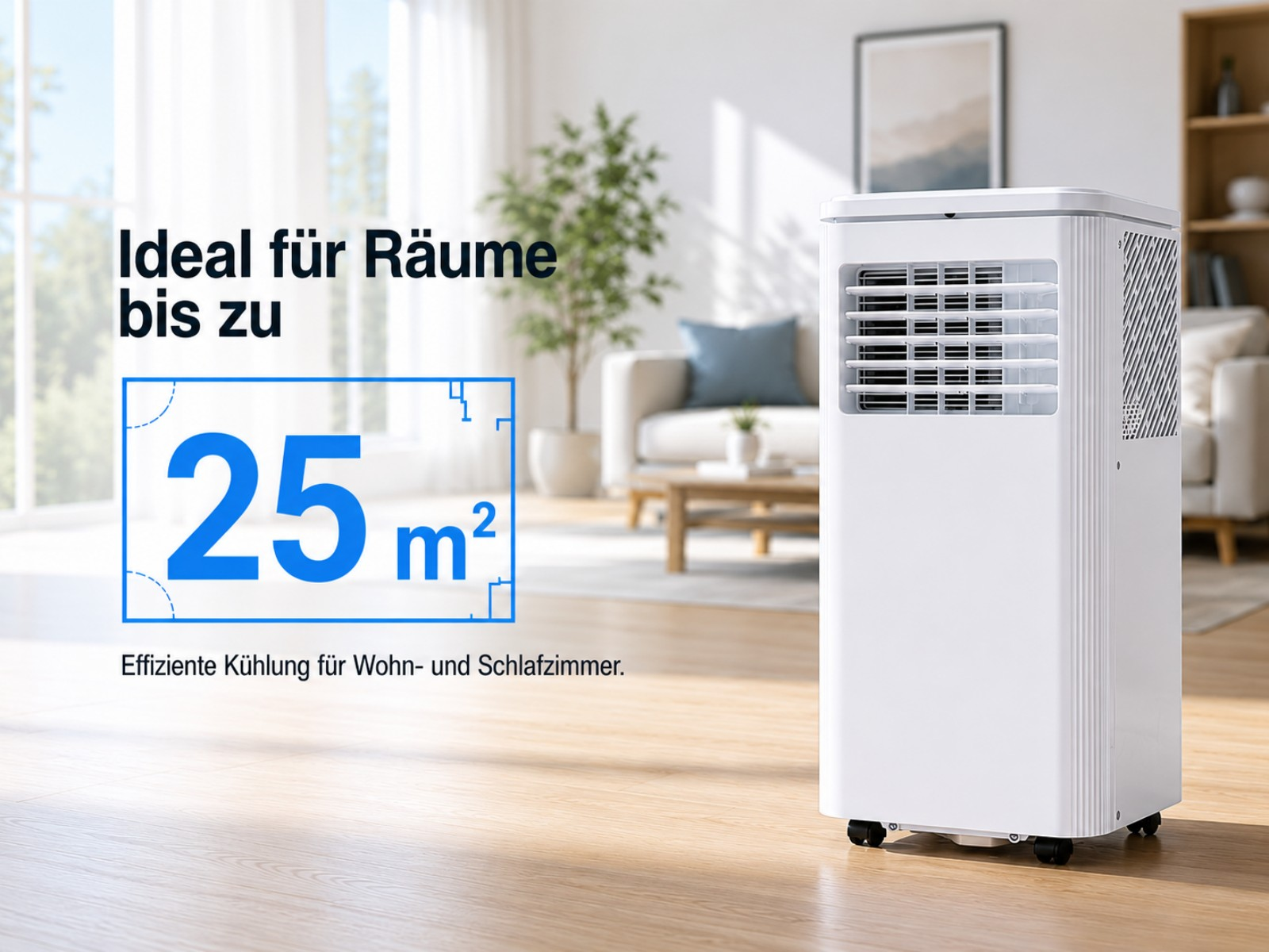 Ein weißer mobiler Klimaanlagen in einem hellen Wohnzimmer, ideal für bis zu 25 m².