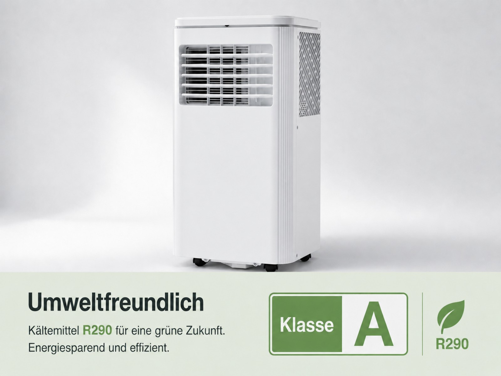 Ein weißer, mobiler Klimaanlage mit Energieeffizienzklasse A und Kühlmittel R290.