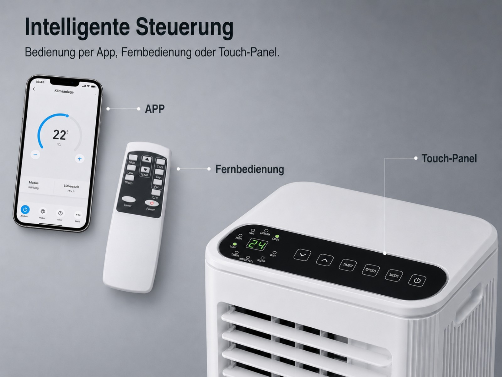 Ein Smartphone mit App, Fernbedienung und Klimaanlage mit Touch-Panel.