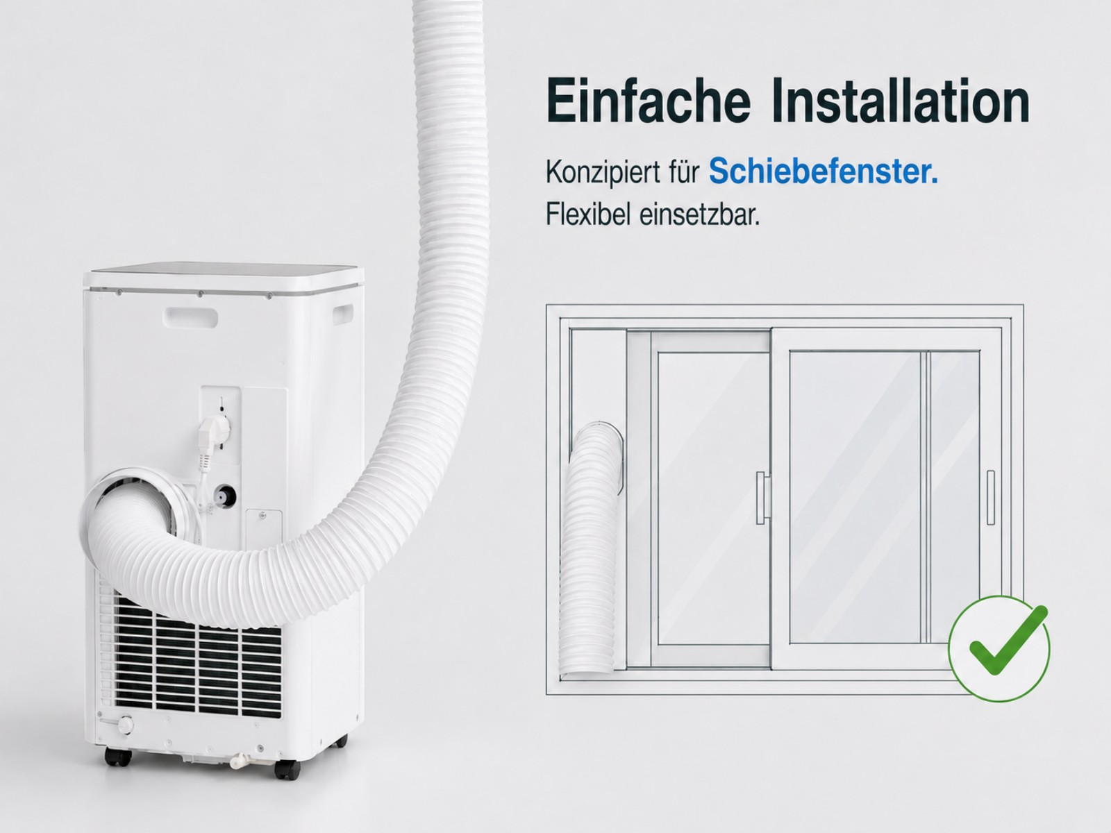 Ein weißer Klimaanlagen-Schlauch ist an einem tragbaren Gerät und einem Fenster befestigt.