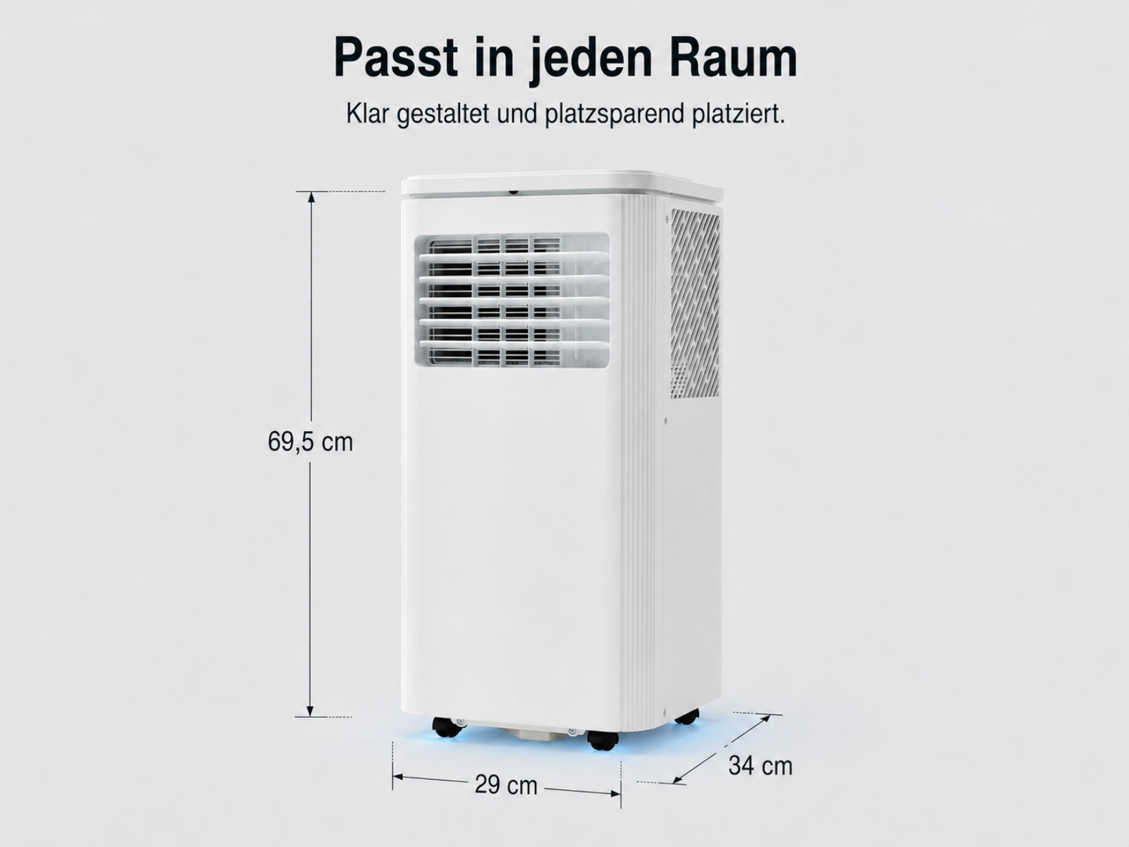 Ein weißer, tragbarer Klimaanlagen-Turm mit Rollen. Maße: 69,5 cm H, 29 cm B, 34 cm T.