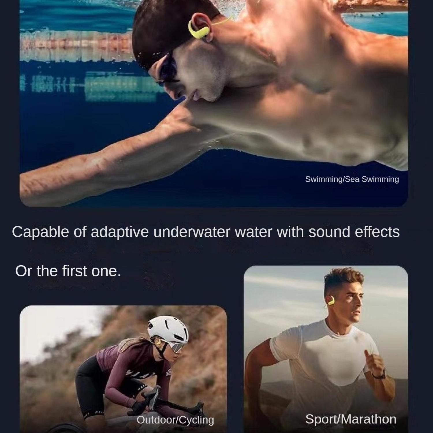 Mann schwimmt unter Wasser, Radfahrer und Läufer tragen Ohrhörer.