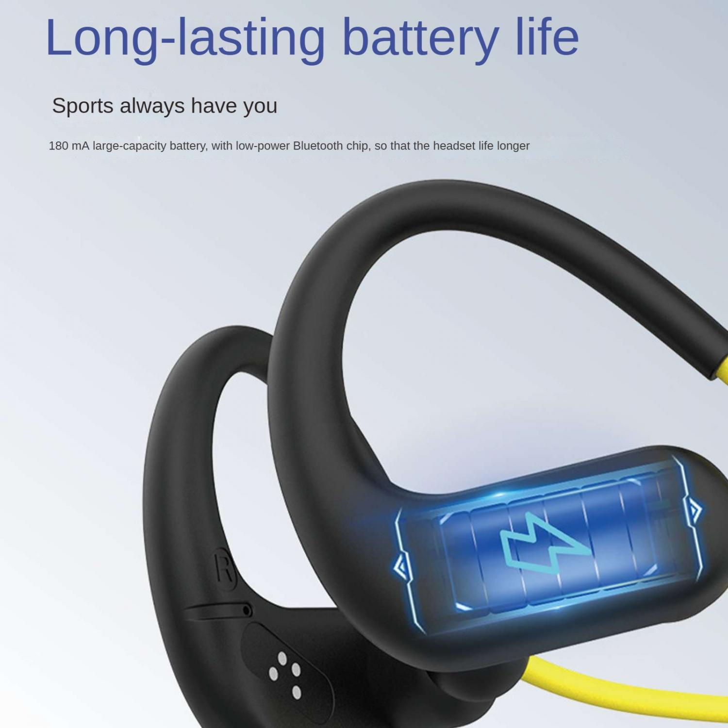 Schwarze Ohrhörer mit gelben Akzenten, die ein blaues Batteriesymbol auf einem Ohrhörer zeigen.