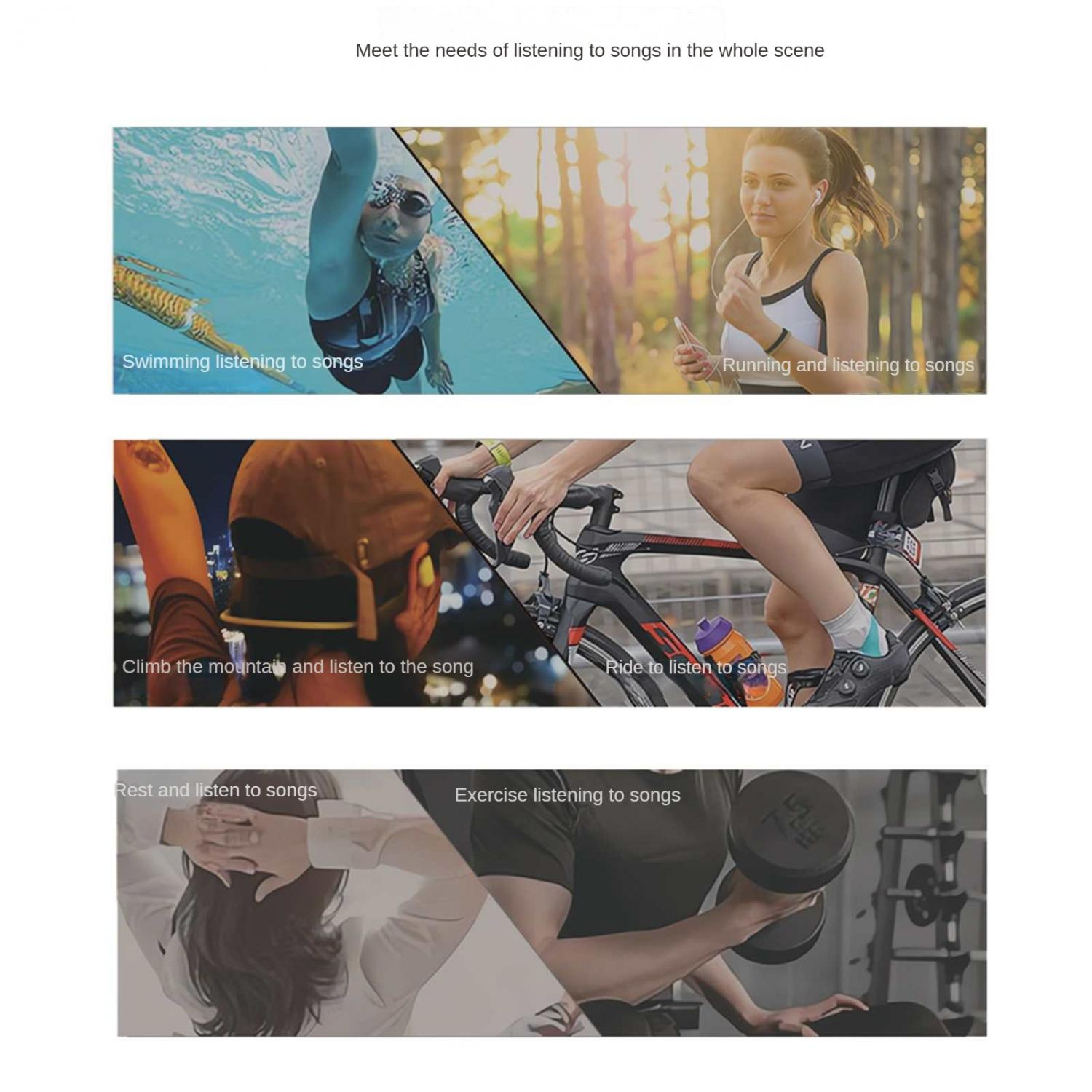 Collage von Aktivitäten: Schwimmen, Laufen, Radfahren, Ausruhen und Trainieren.