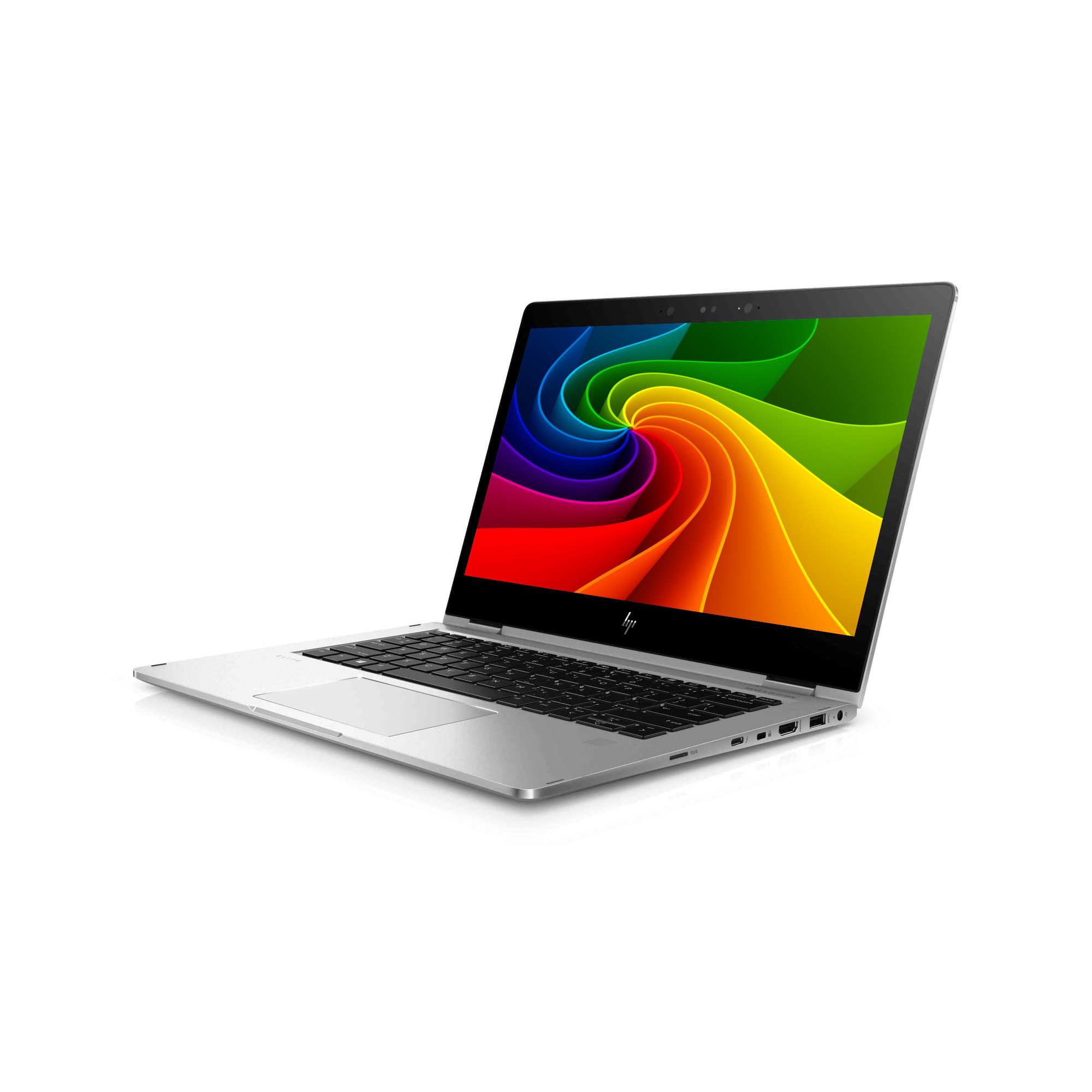 Ein silberner Laptop mit einem bunten, wirbelnden Hintergrund auf dem Bildschirm.