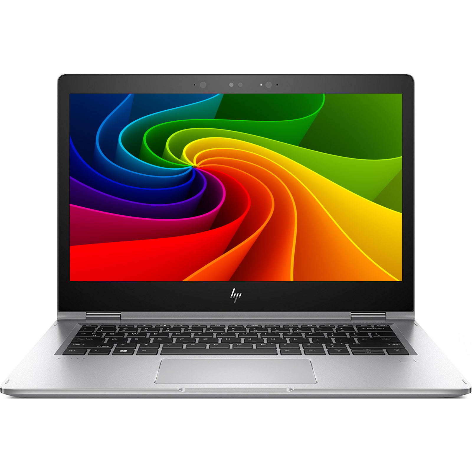 Ein silberner Laptop mit einem Regenbogenwirbel auf dem Bildschirm.