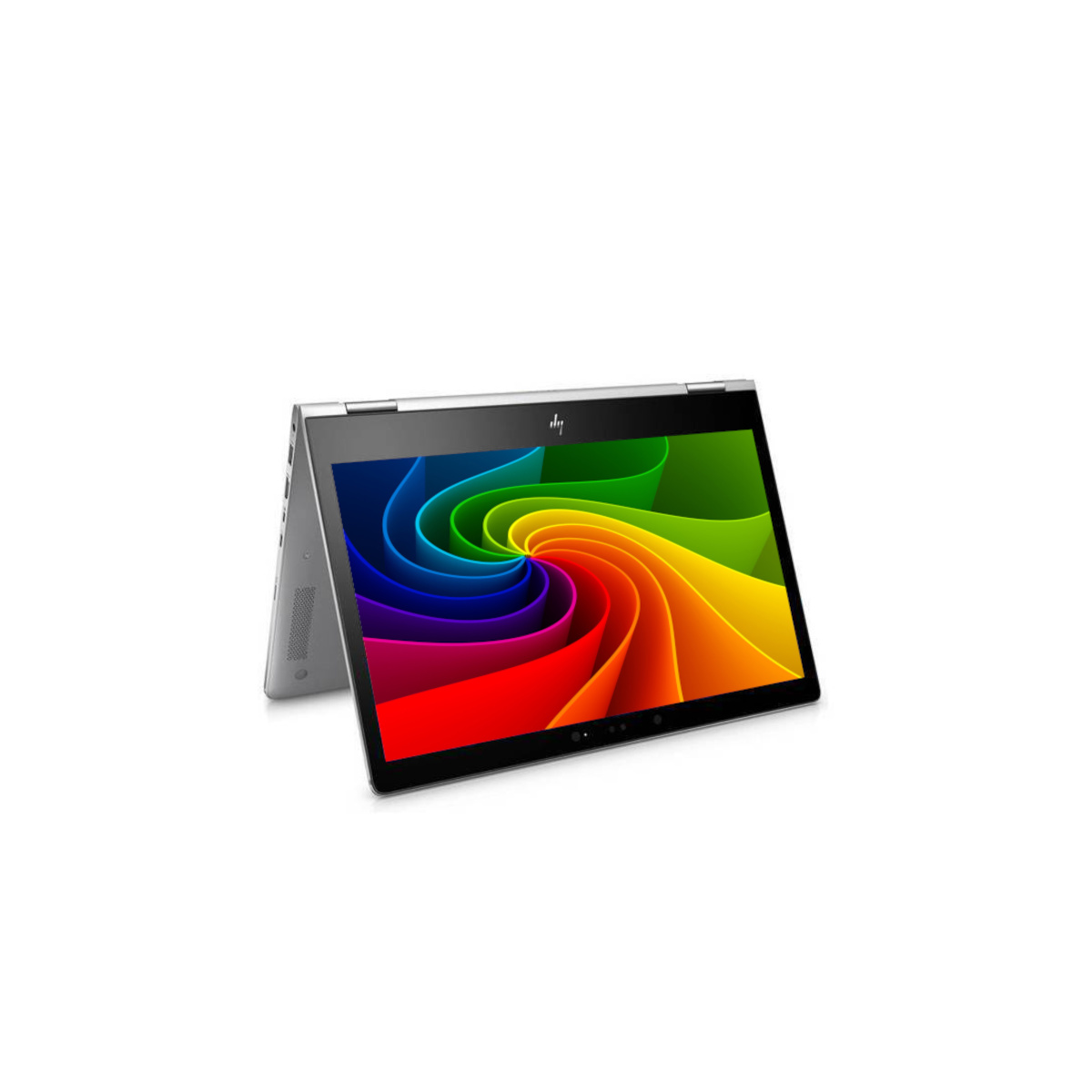 Ein silberner Laptop mit einem bunten Wirbelbildschirm, der auf einem weißen Hintergrund steht.
