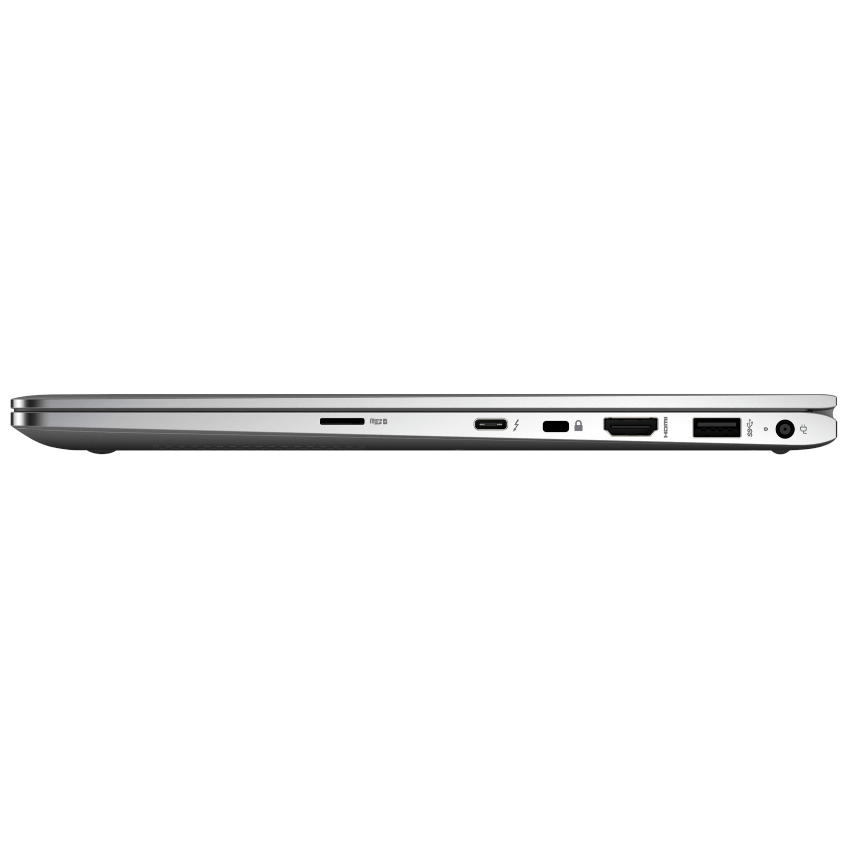 Seite eines silbernen Laptops mit Anschlüssen: MicroSD, Thunderbolt, USB-C, HDMI, USB-A, Audiobuchse.