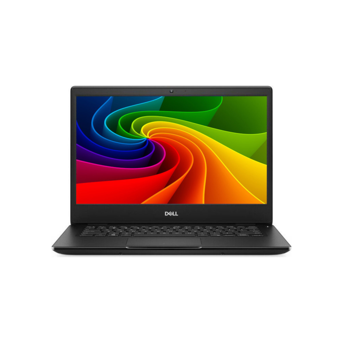 Schwarzer Dell Laptop mit buntem, wirbelndem Hintergrundbild.