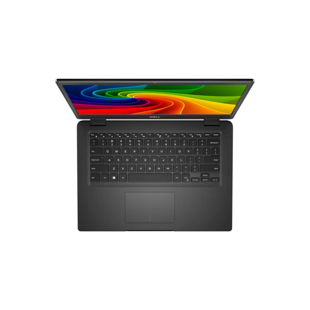 Ein geöffneter schwarzer Dell Laptop mit einem bunten Hintergrund auf dem Bildschirm.