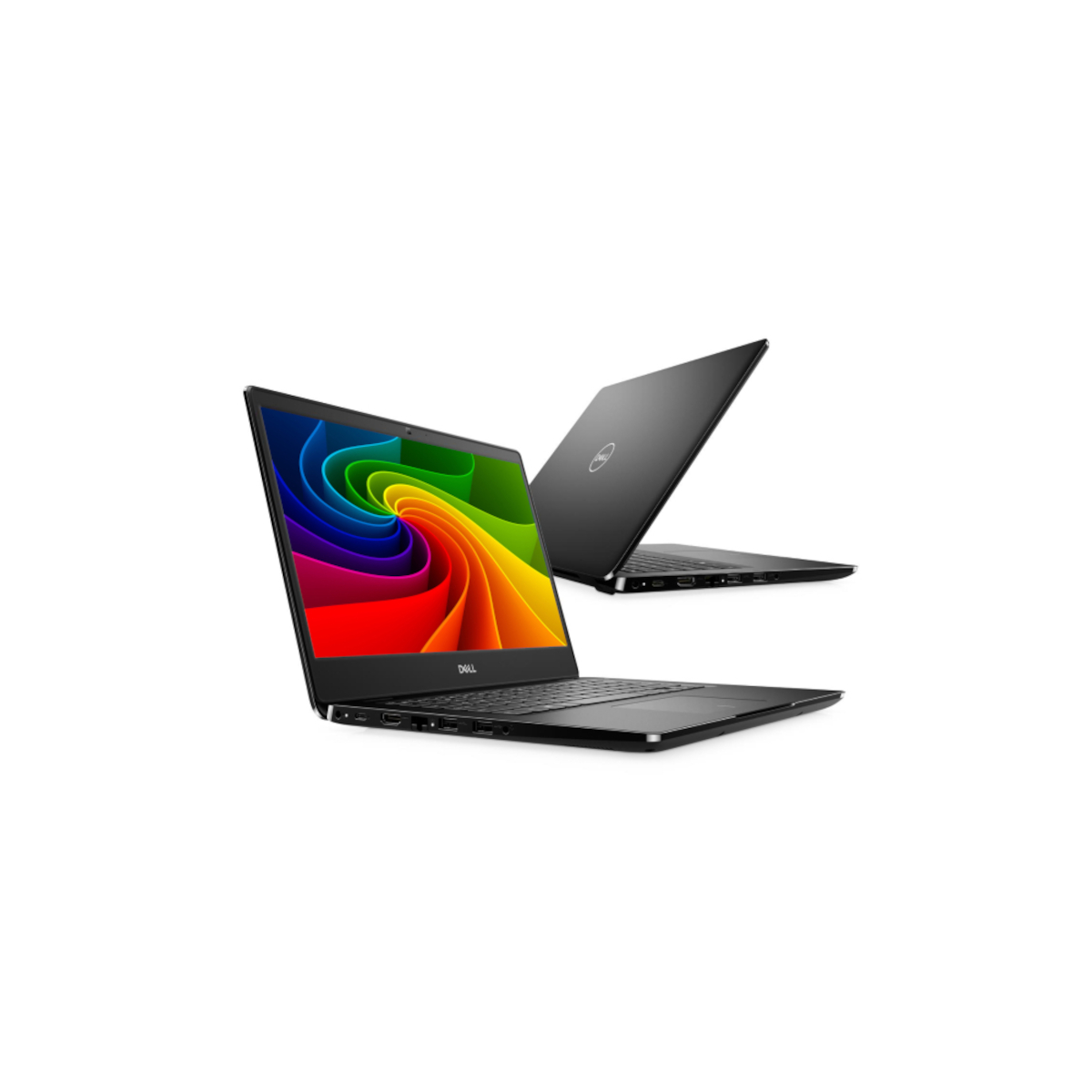 Zwei schwarze Dell-Laptops, einer geöffnet mit Regenbogenhintergrund.