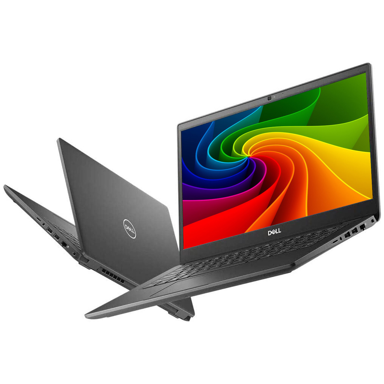 Zwei graue Dell Laptops, einer mit bunter Bildschirmanzeige, weißer Hintergrund.