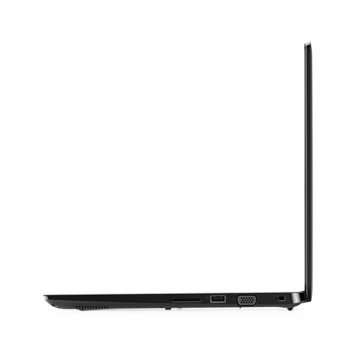 Schwarzer Laptop von der Seite mit Anschlüssen: SD-Kartenleser, USB, VGA.