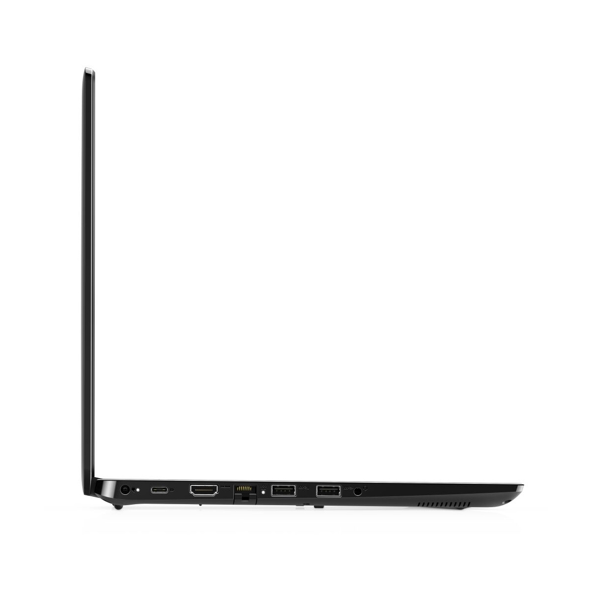 Seitenansicht eines schwarzen Laptops mit verschiedenen Anschlüssen.