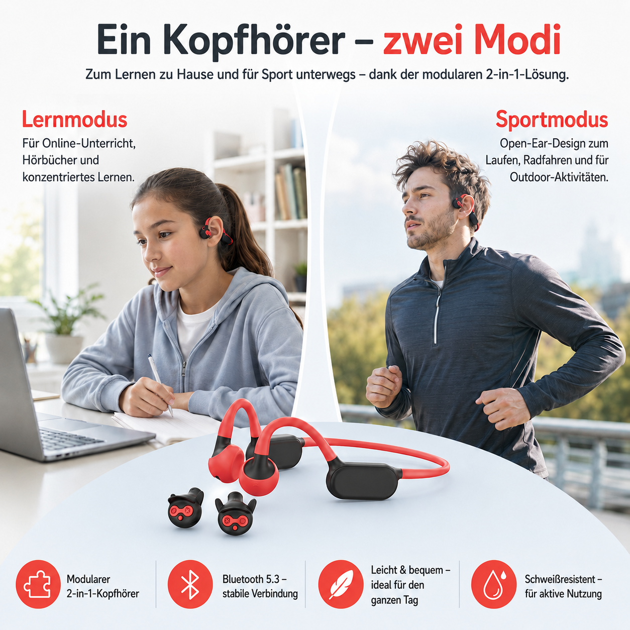 Ein Mädchen lernt am Laptop, ein Mann joggt. Rot-schwarze Kopfhörer.