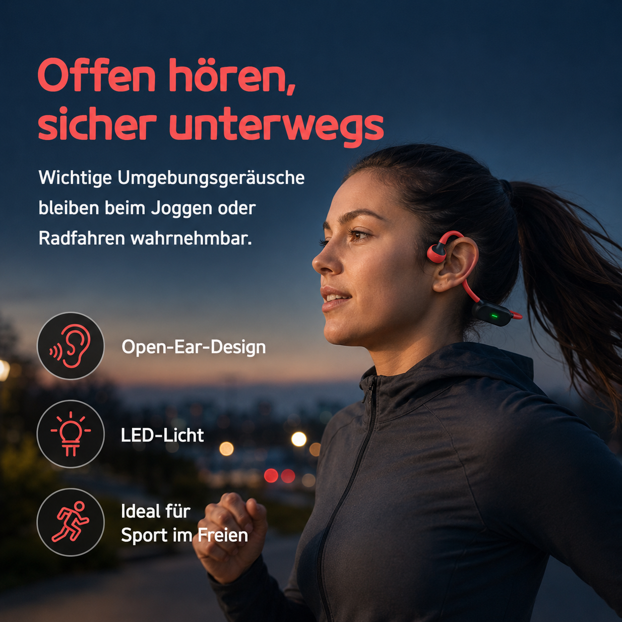 Frau läuft draußen mit Open-Ear-Kopfhörern mit LED-Licht. Text betont Sicherheit.