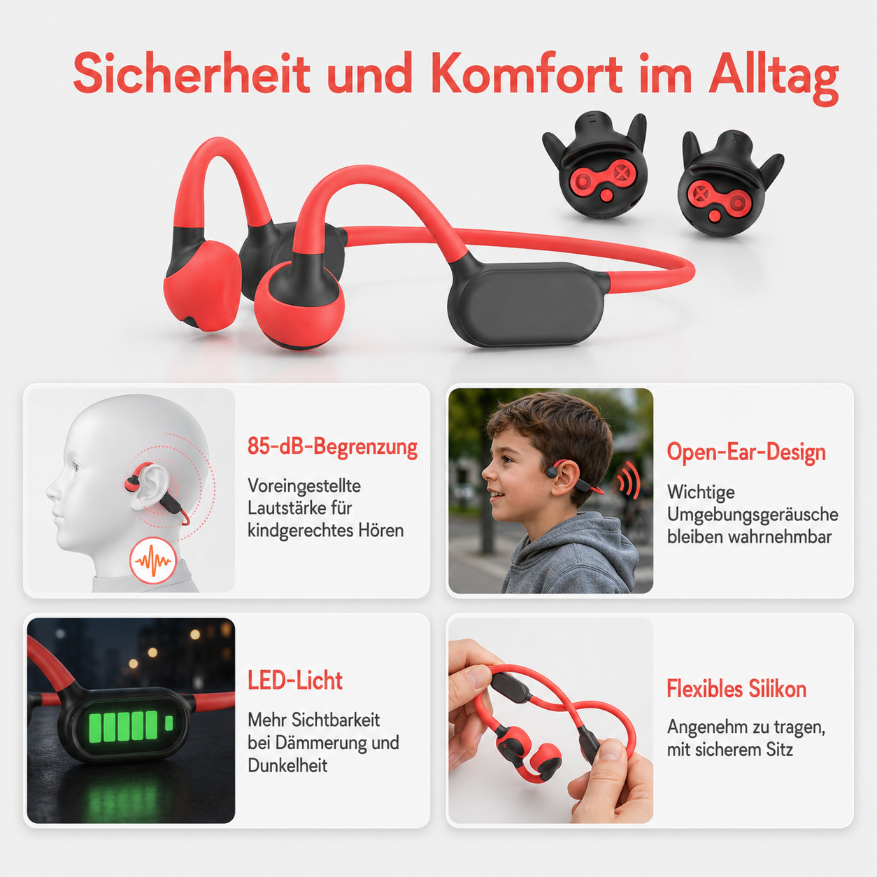 Rot-schwarze Kopfhörer mit Lautstärkebegrenzung, Kindermotiv und LED-Licht.