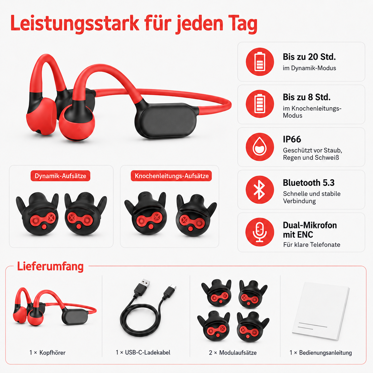Rote und schwarze Knochenschall-Kopfhörer mit Zubehör und Spezifikationen.