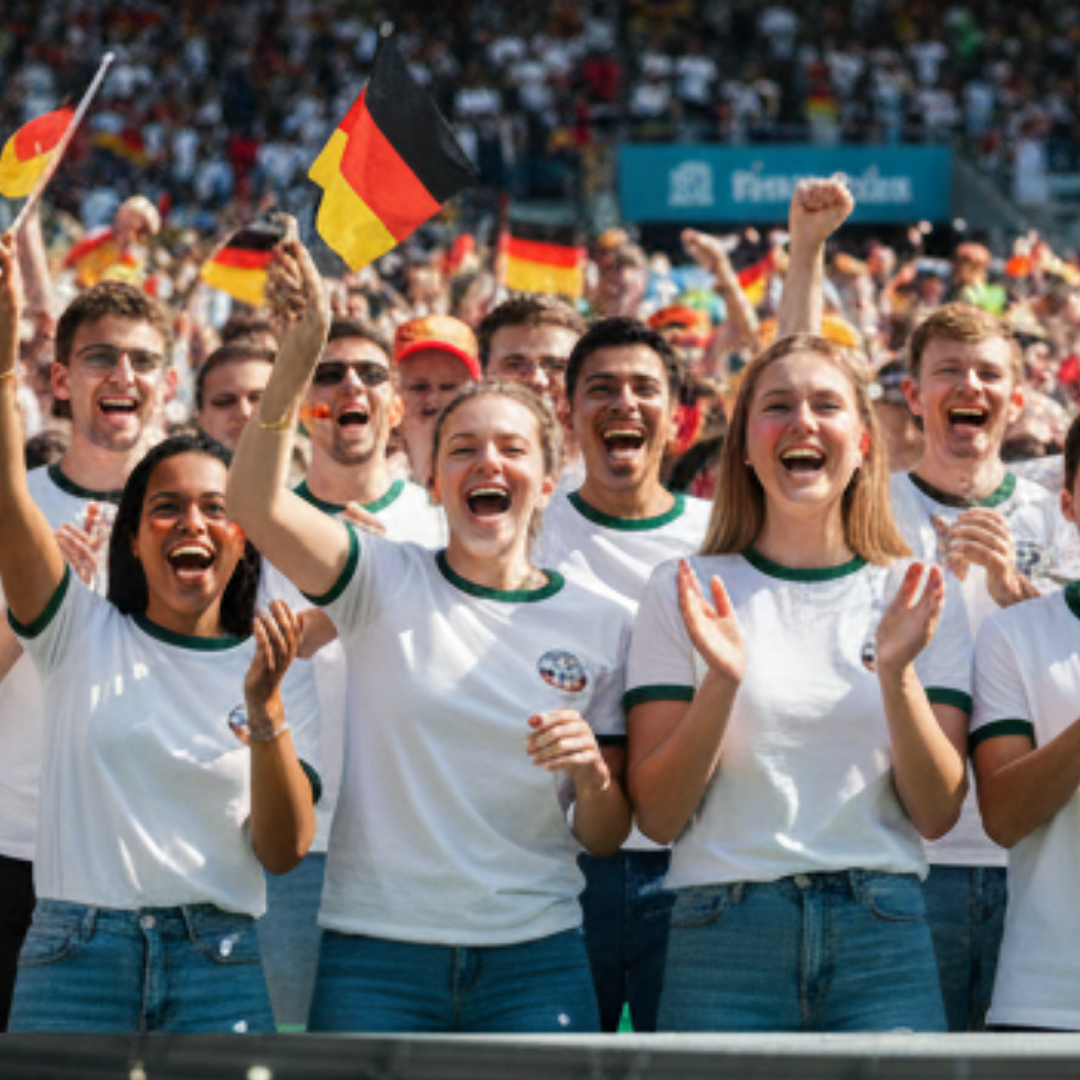 Eine jubelnde Menge feiert, einige schwenken deutsche Flaggen im Stadion.