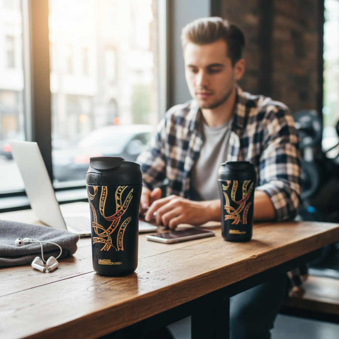 Mann im Café mit Laptop, Handy, Kopfhörern und zwei Thermobechern mit Stammeskunst.