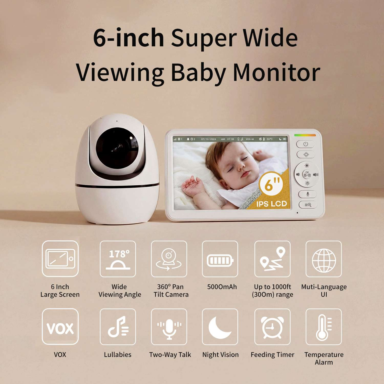 Babyphone mit 6-Zoll-Bildschirm, Kamera und Zubehör.