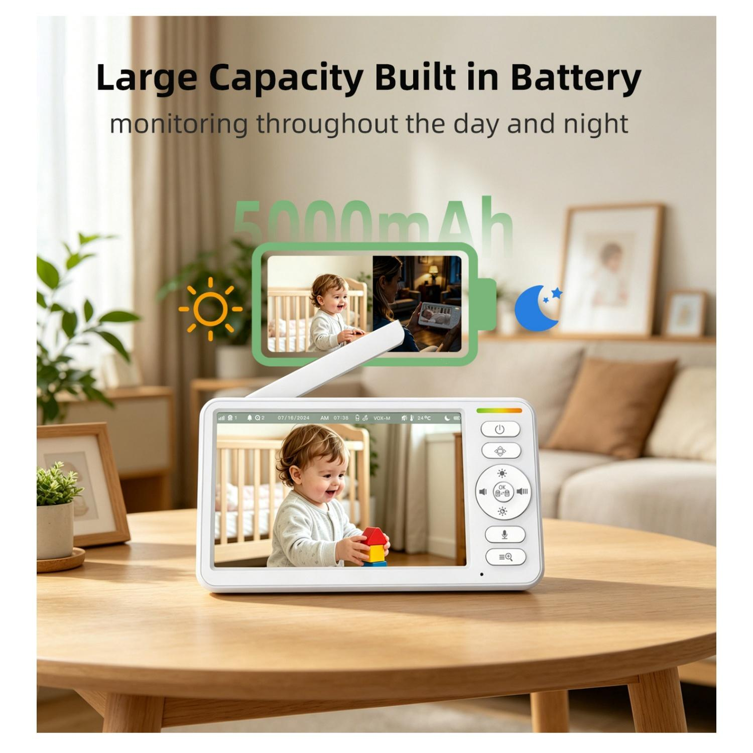 Ein Baby-Monitor zeigt ein lächelndes Baby. Große Batteriekapazität.
