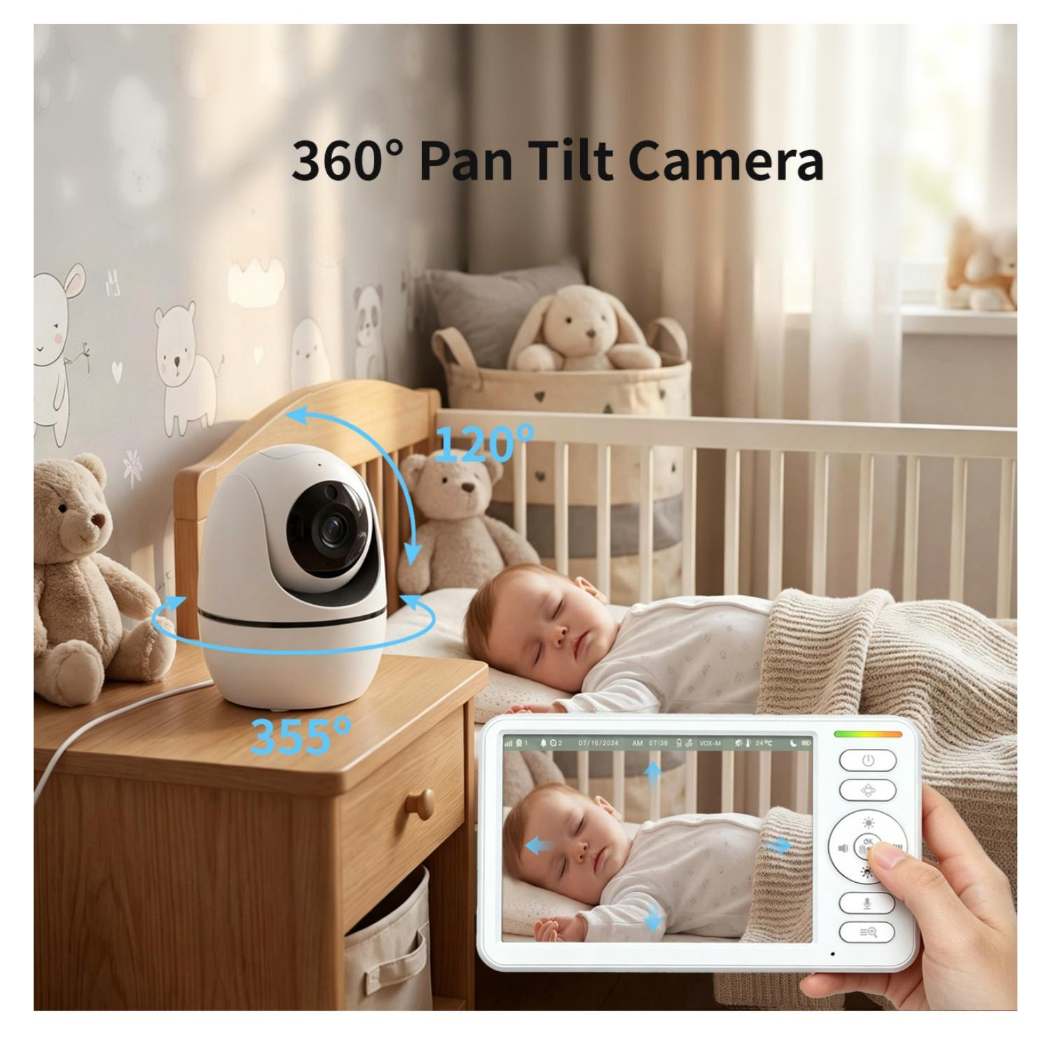 Ein Babyfon mit Kamera zeigt ein schlafendes Baby im Kinderbett und eine 360-Grad-Ansicht.