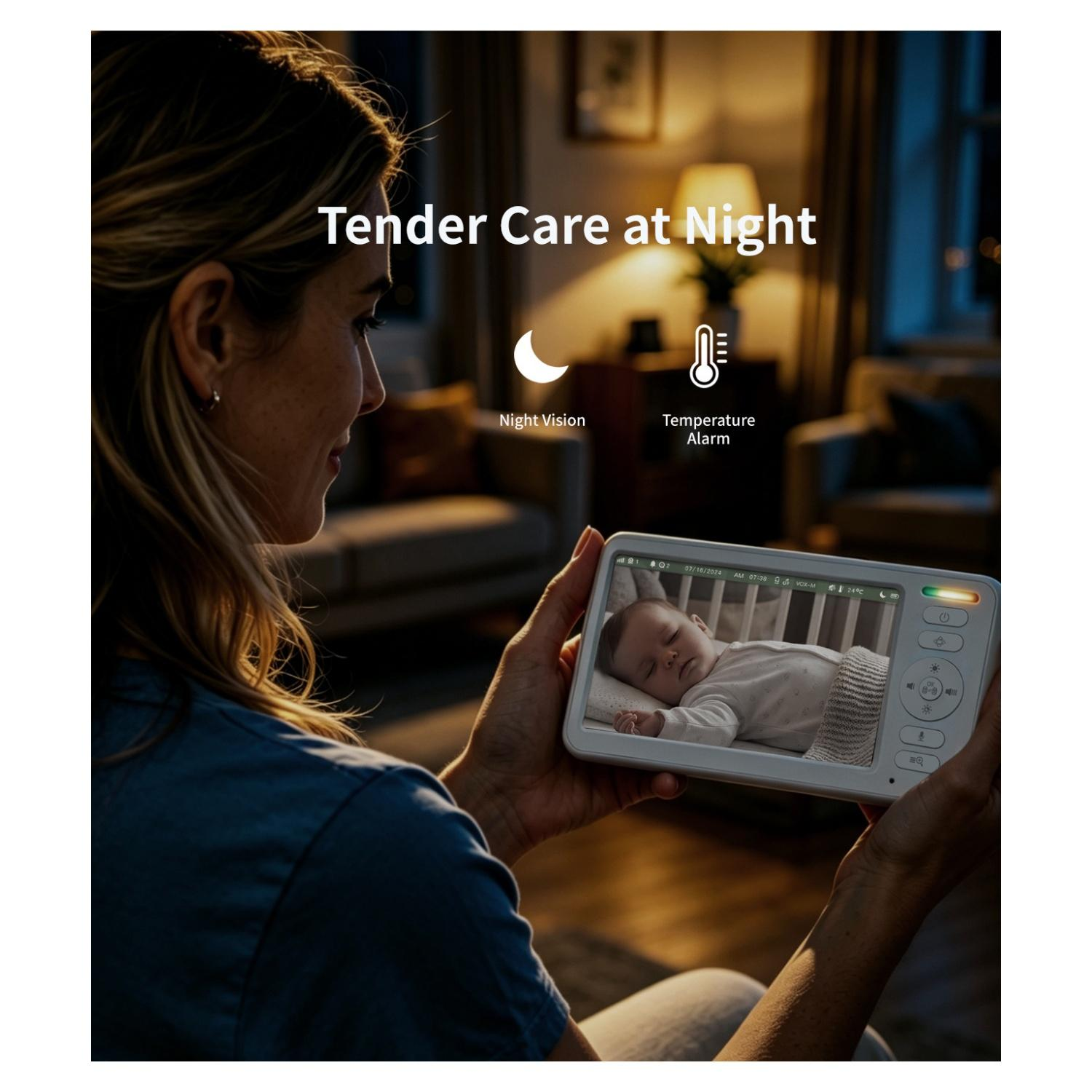 Eine Frau hält ein Babyfon mit schlafendem Baby. "Tender Care at Night".