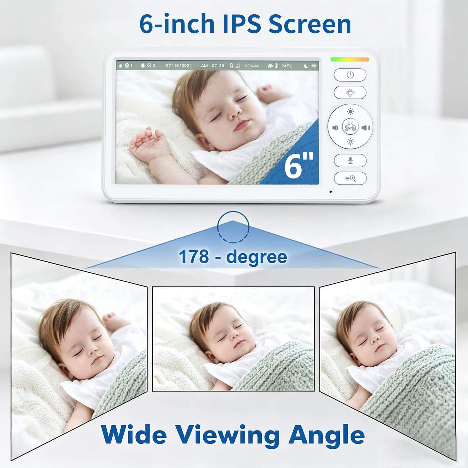 Ein 6-Zoll-Bildschirm zeigt ein schlafendes Baby, 3 kleinere Ansichten zeigen weite Blickwinkel.