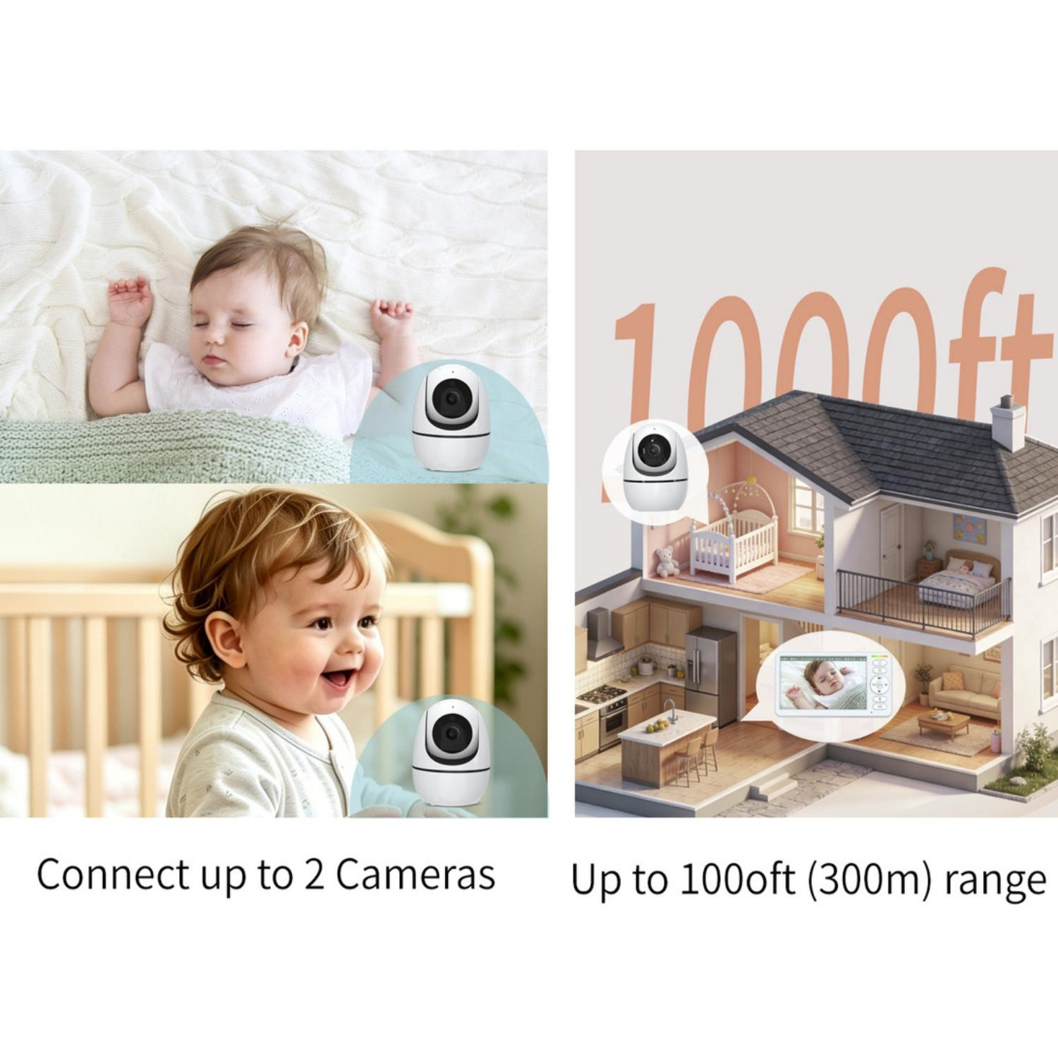 Babyphone-Funktionen: 2 Kameras anschließen, 1000 Fuß Reichweite. Zeigt Hausinterieur.