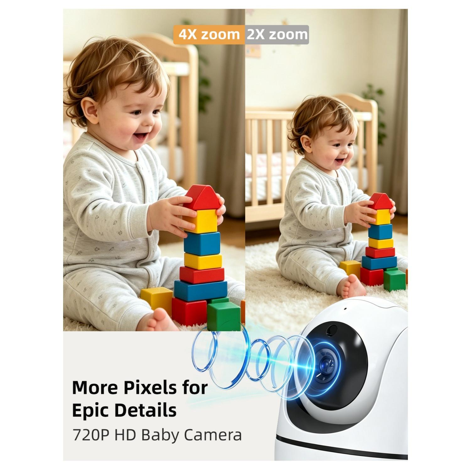 Baby spielt mit bunten Bauklötzen, Babykamera im Vordergrund.