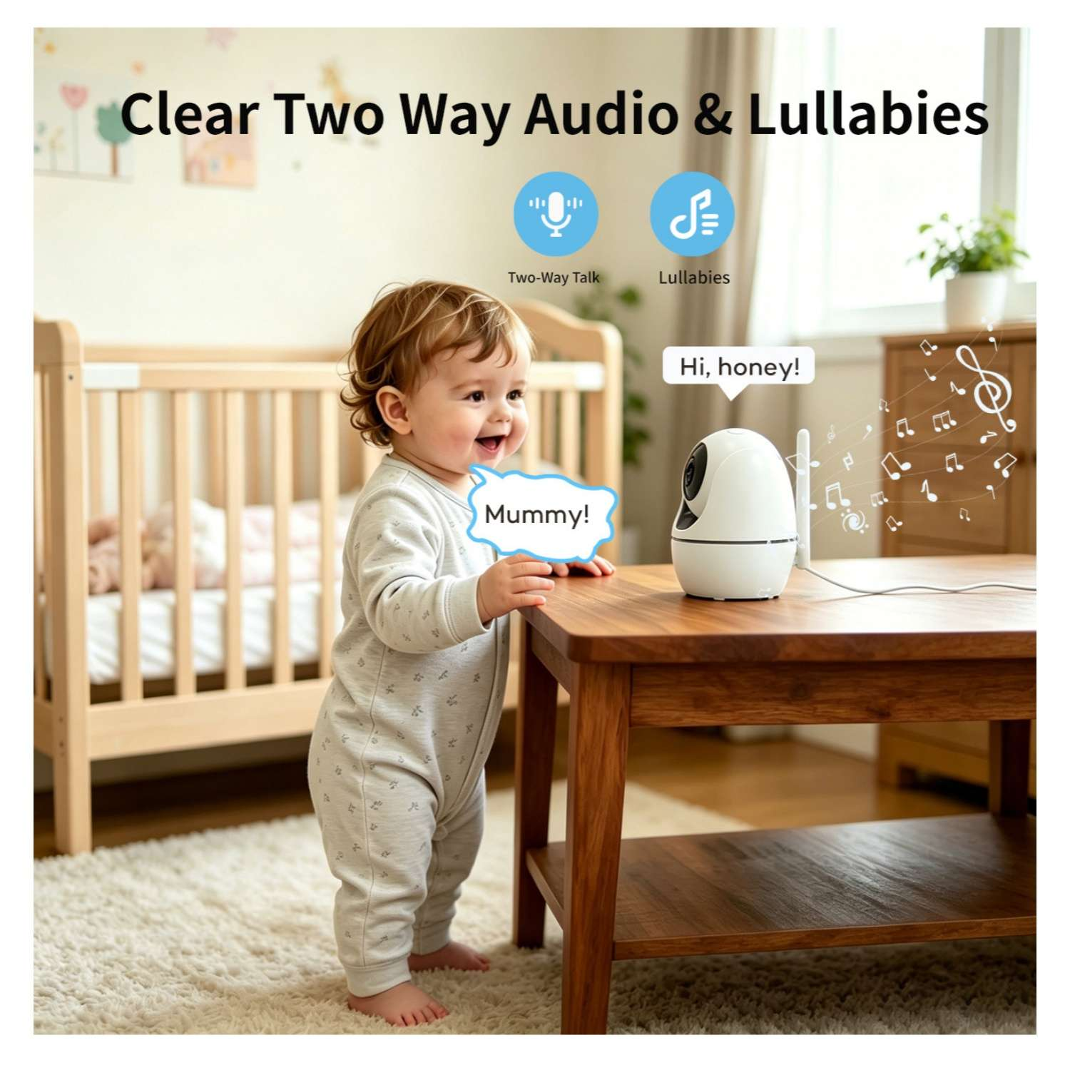 Ein Baby steht neben einem Holztisch mit einem Babyphone und spricht.