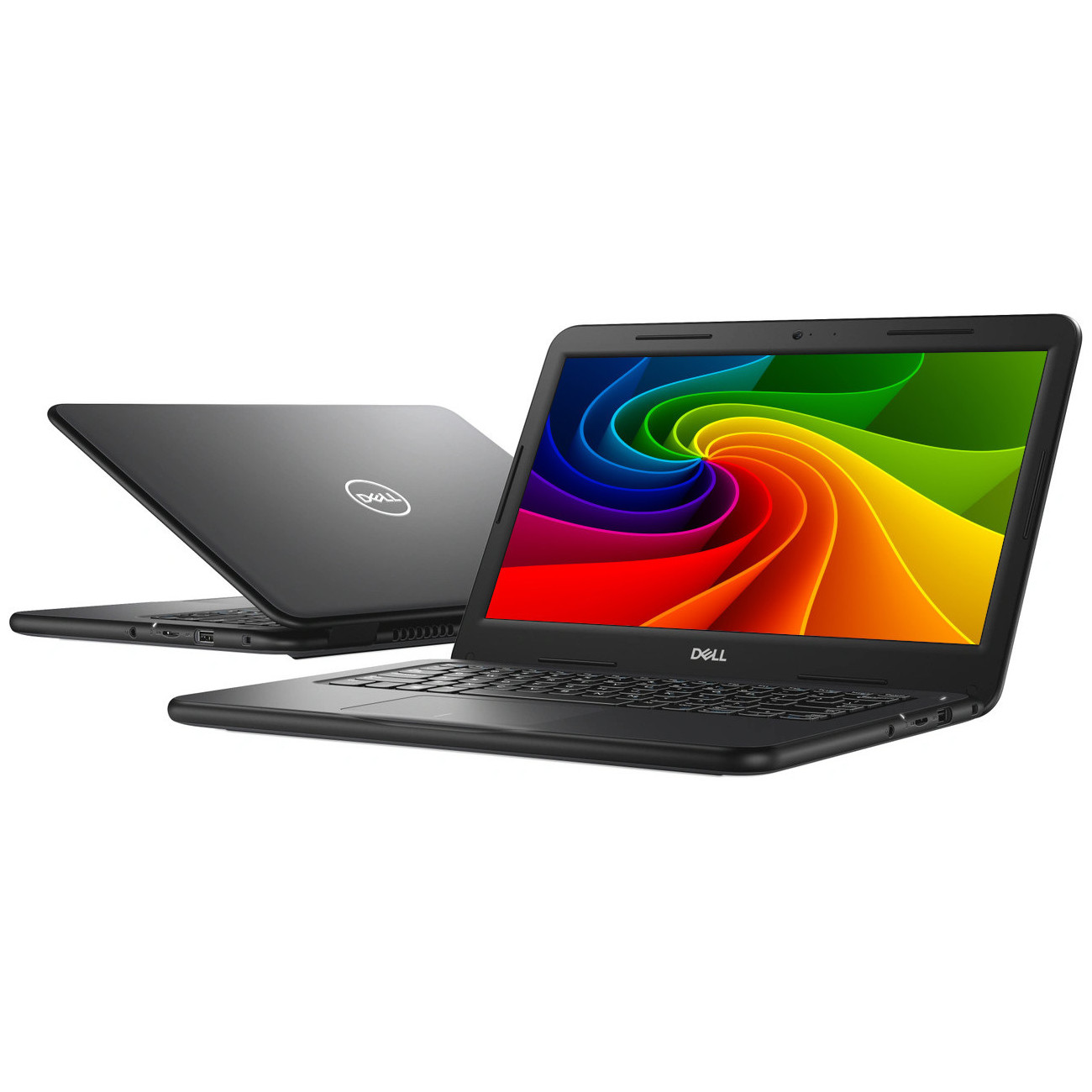 Zwei schwarze Dell Laptops, einer offen mit buntem Bildschirm, einer geschlossen.